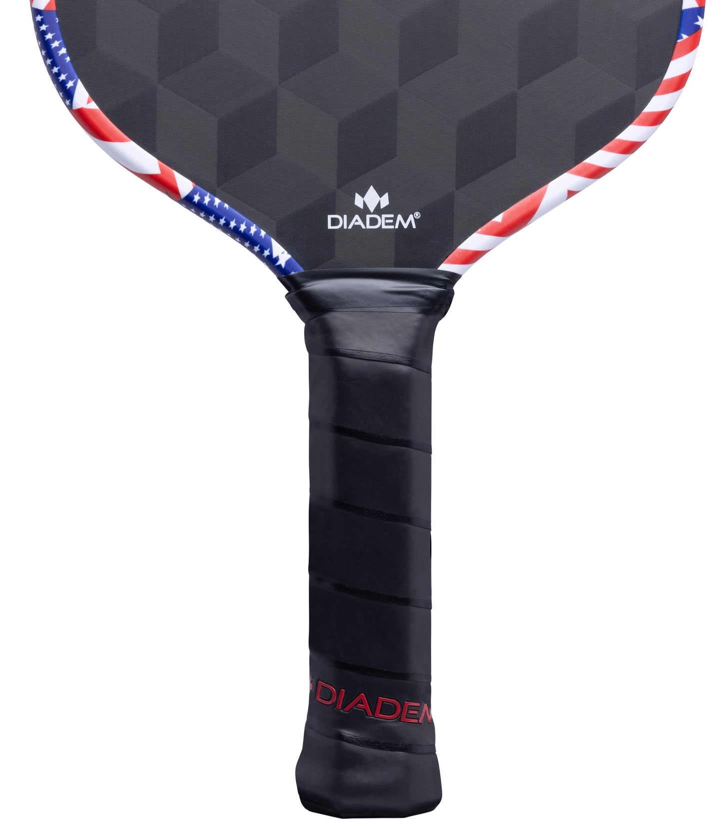 Close-up of the Diadem Sports Edge 18K paddle with a hexagonal face and stars-and-stripes edge. The black grip wrap features a red DIADEM logo near the handle base. USAPA approved.