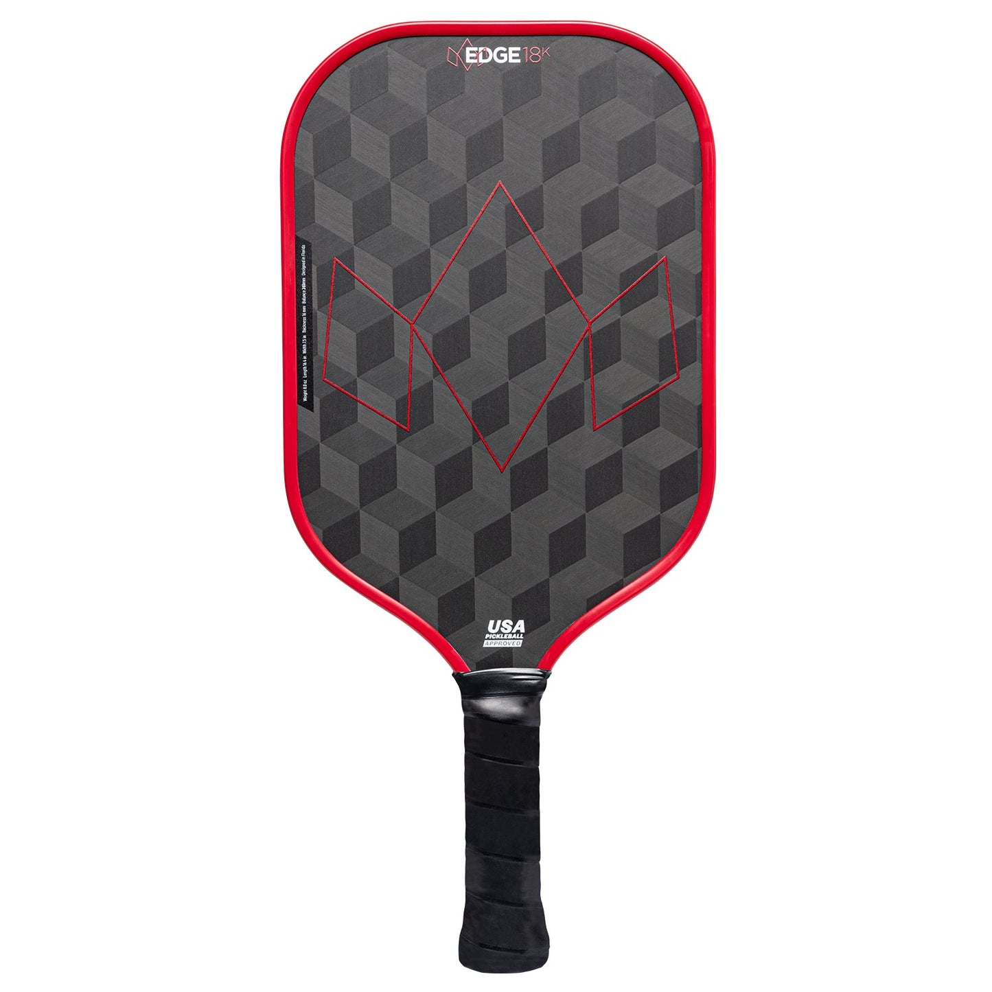 A black Diadem Sports Edge 18K pickleball paddle with a textured geometric pattern, red edge trim, black grip, red outlined crown on the face, EDGE 18K labeling, and USAPA Approved certification by the handle.