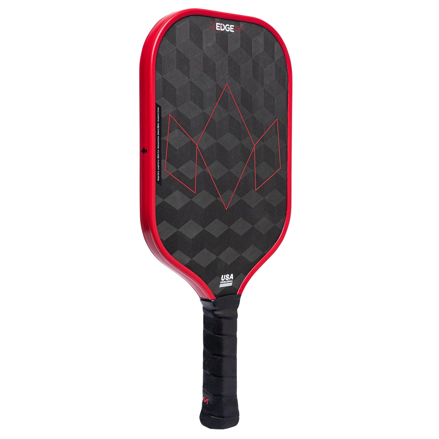 The Diadem Sports Edge 18K pickleball paddle features a black face with red edge, diamond and cube patterns, a black grip, "EDGE" at the top, and "USA PICKLEBALL APPROVED" near the handle. USAPA approved.