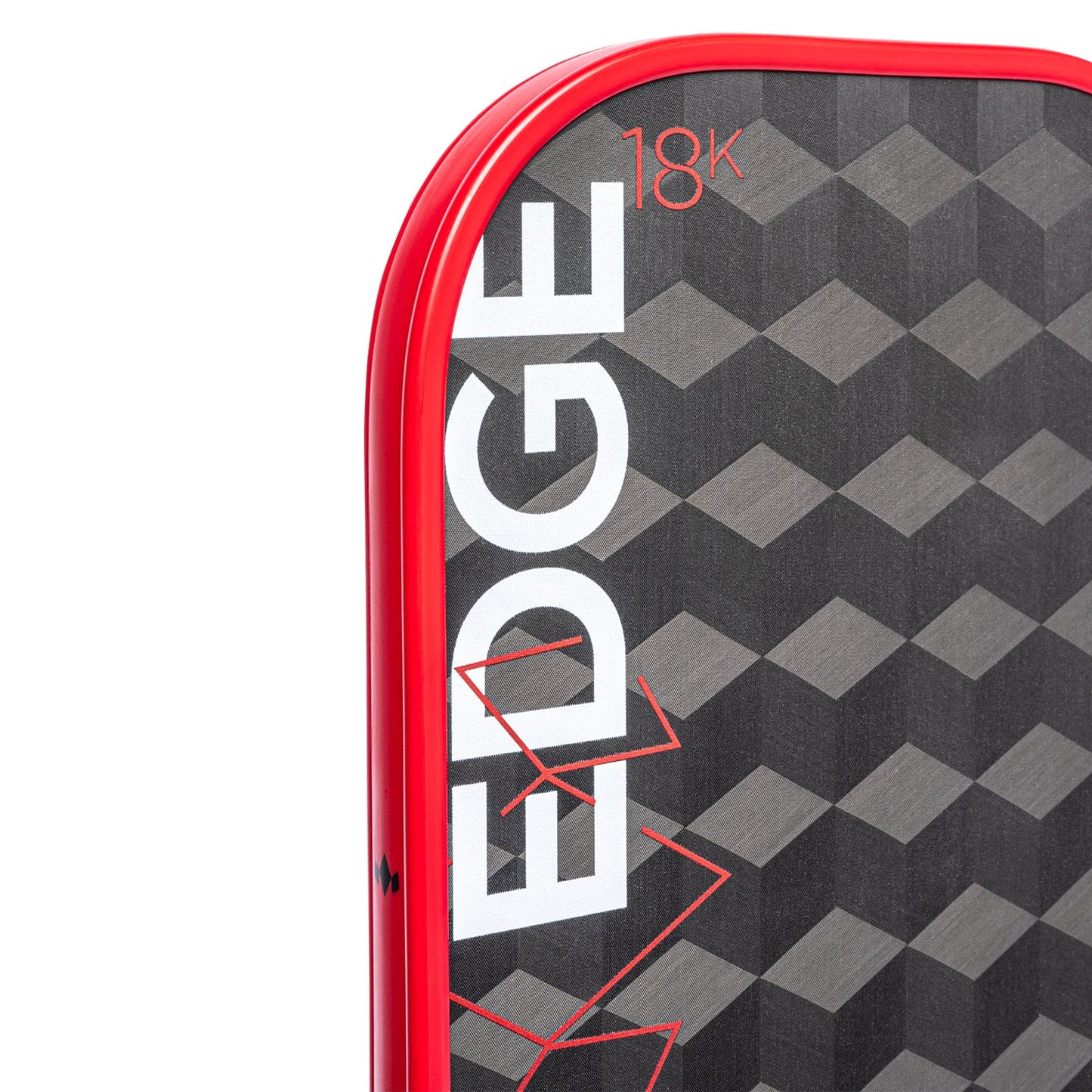 Close-up of the Diadem Sports Edge 18K pickleball paddle, USAPA approved, with a red edge, gray geometric face, bold white EDGE text, orange 18K detail, and a stylish subtle red zigzag accent.