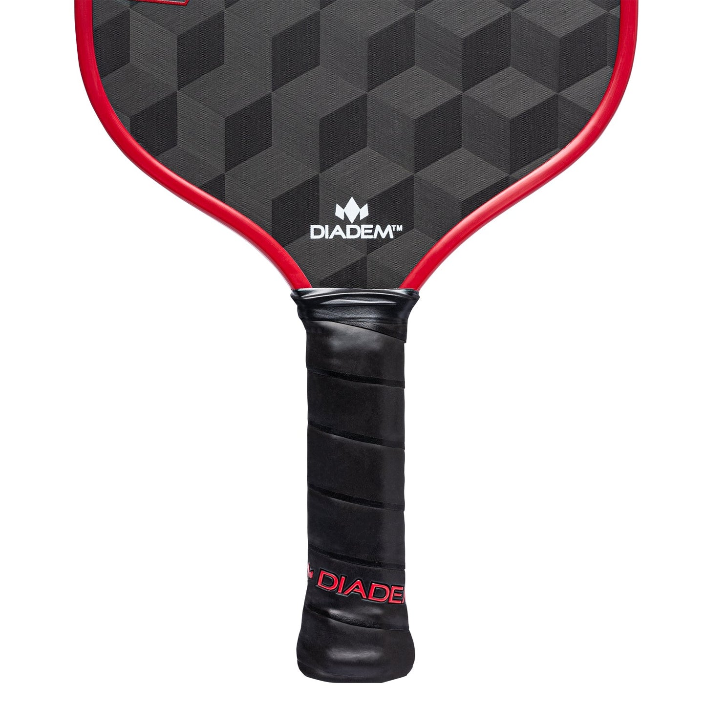 Close-up of the Diadem Sports Edge 18K pickleball paddle, USAPA approved, with a geometric black design, red trim, black grip handle, and Diadem logo in white above the handle and in red on the grip’s base.