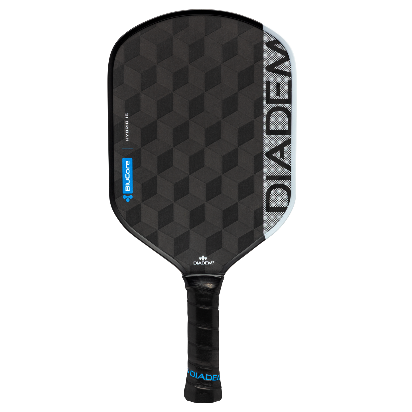 The Diadem Sports Edge BluCore Hybrid paddle features a black geometric cube pattern, blue accents, and bold “DIADEM” lettering, with a black grip handle and blue logo—all USAPA-approved and shown on a white background.