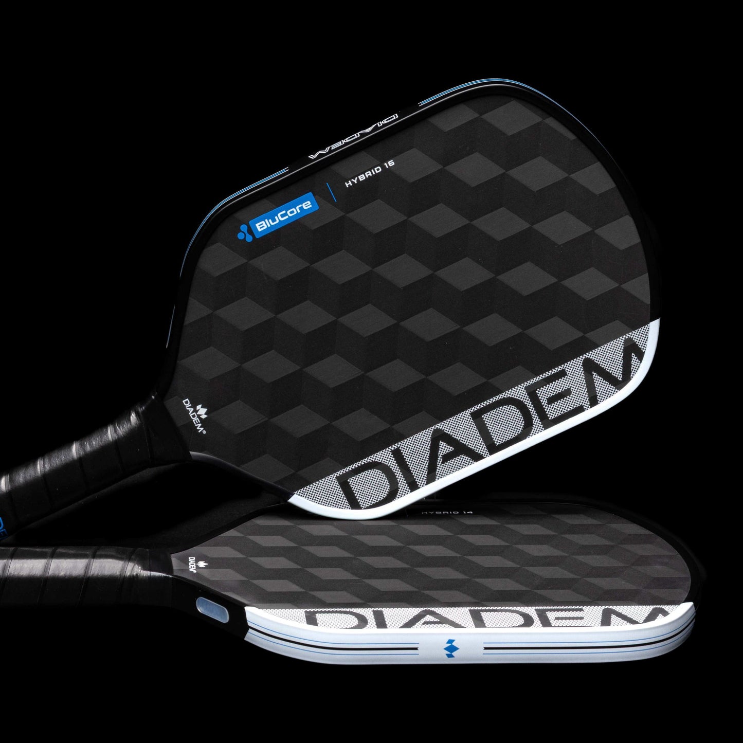 Two Edge BluCore Hybrid paddles by Diadem Sports are displayed against a black background. USAPA-approved, they feature silver branding, blue accents, and “HYBRID 16” with “PowerSync BluCore Technology” near the handles.