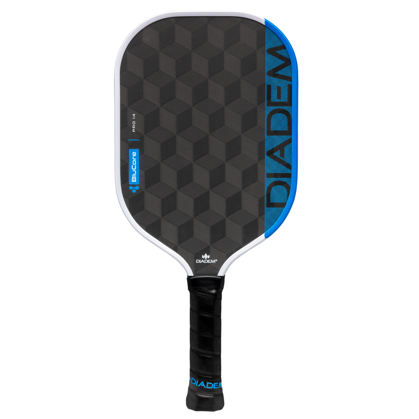 The Diadem Sports Edge BluCore Pro is a USAPA-approved pickleball paddle featuring a black hexagonal pattern, blue accents, bold "DIADEM" branding, black grip tape with a blue label, and sleek PowerSync BluCore Technology for pro performance.