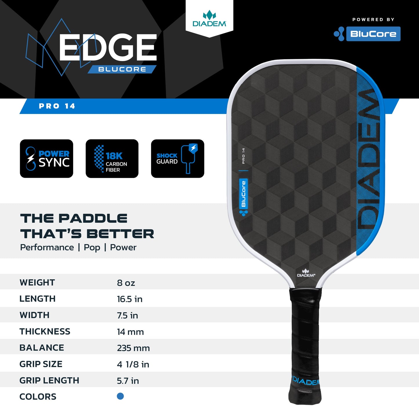 The Diadem Sports Edge BluCore Pro pickleball paddle, in black and blue, is USAPA-approved, weighs 8 oz, measures 16.5" x 7.5", and features PowerSync BluCore Technology, 18K Carbon Fiber, and a Shock Guard for advanced play.