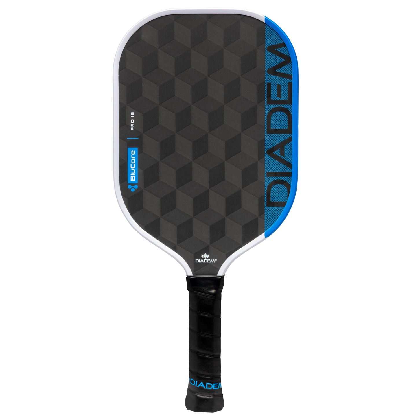 The Diadem Sports Edge BluCore Pro is a black USAPA-approved paddle with a geometric cube design, bold blue Diadem branding, "BLOOD" near the top, textured grip handle, and blue accents for PowerSync BluCore Technology.