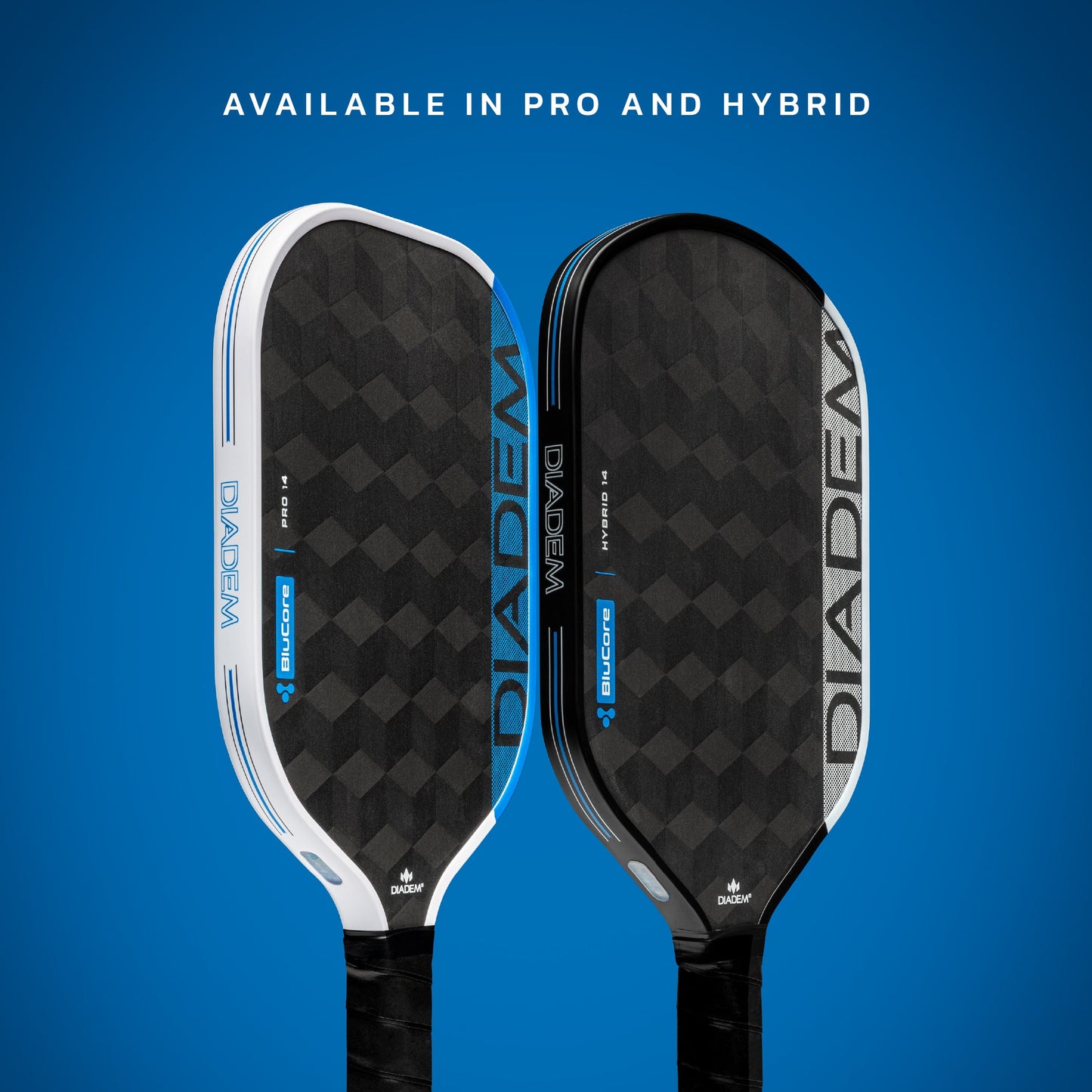 Two Diadem Sports Edge BluCore Pro pickleball paddles stand upright against a blue background. The left features white and blue accents, the right has black and gray details; both highlight geometric patterns. Text above says, “Available in Pro and Hybrid.”.