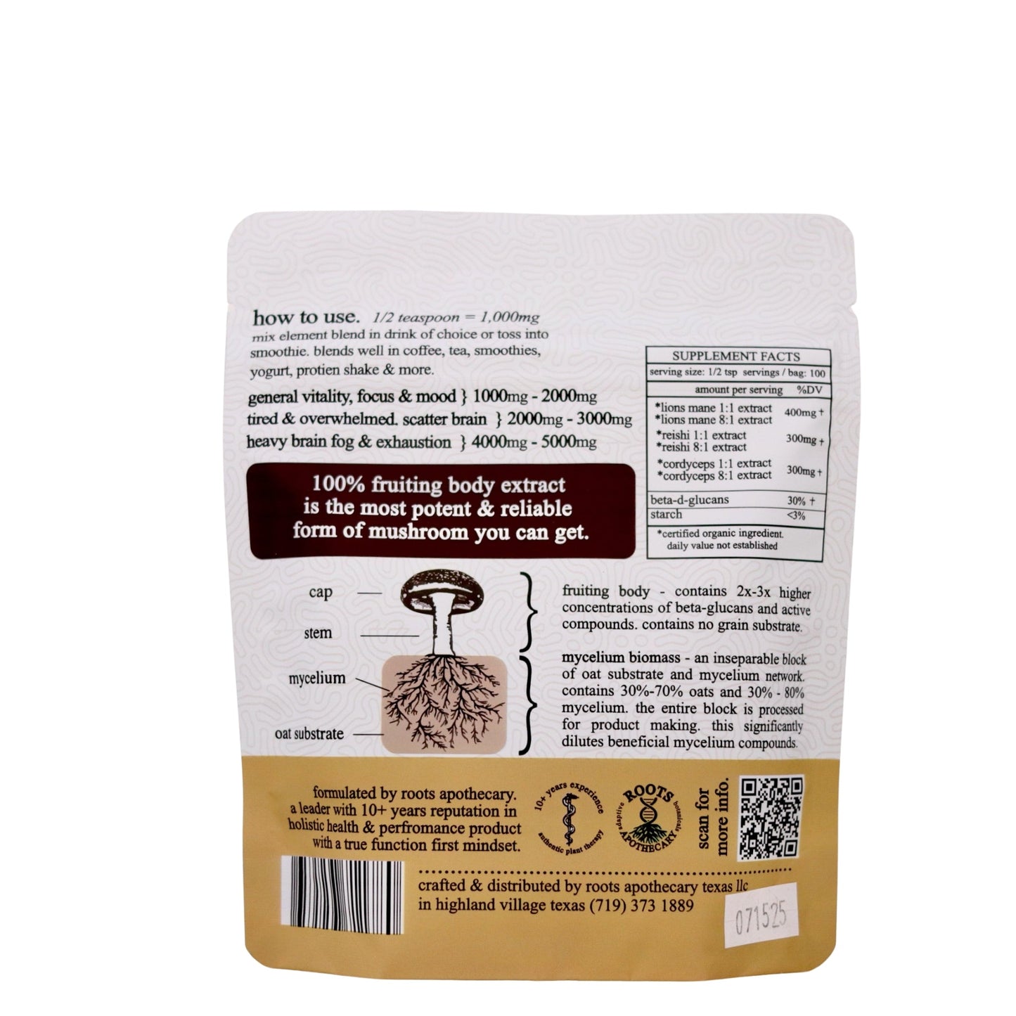 A stand-up pouch of elemental mushroom blend by Roots Apothecary, featuring directions, supplement facts, a mushroom parts diagram, “100% fruiting body extract” marketing text, company info, and a barcode near the bottom.