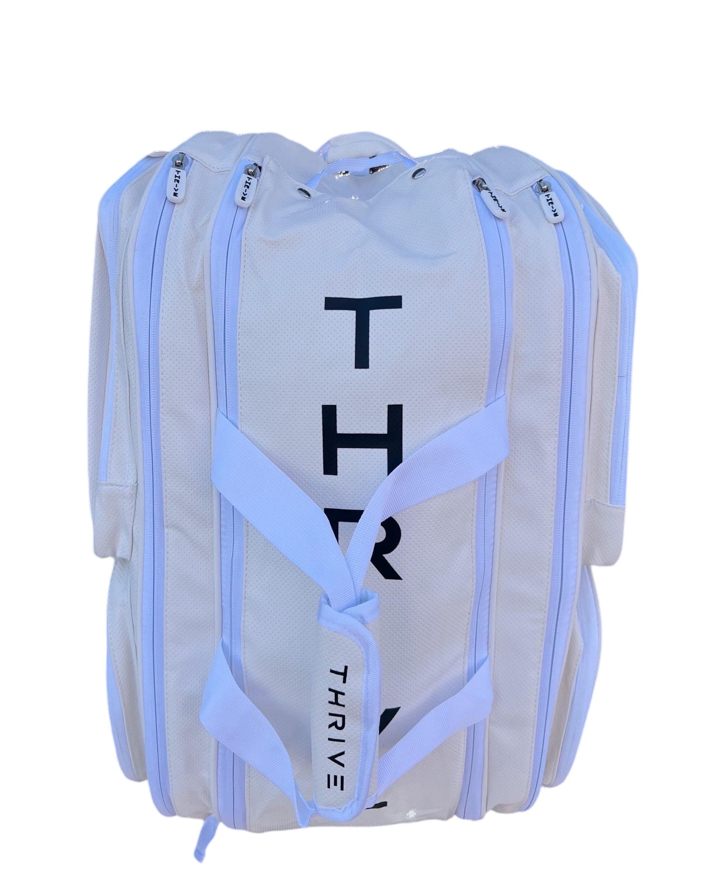 The Elite Pro Tour Bag w/shoe bag - WHITE by Thrive Pickleball is a spacious, light gray vegan leather bag with white handles, multiple zippered compartments, and "THRIVE" printed vertically in bold black letters on the front and handle.