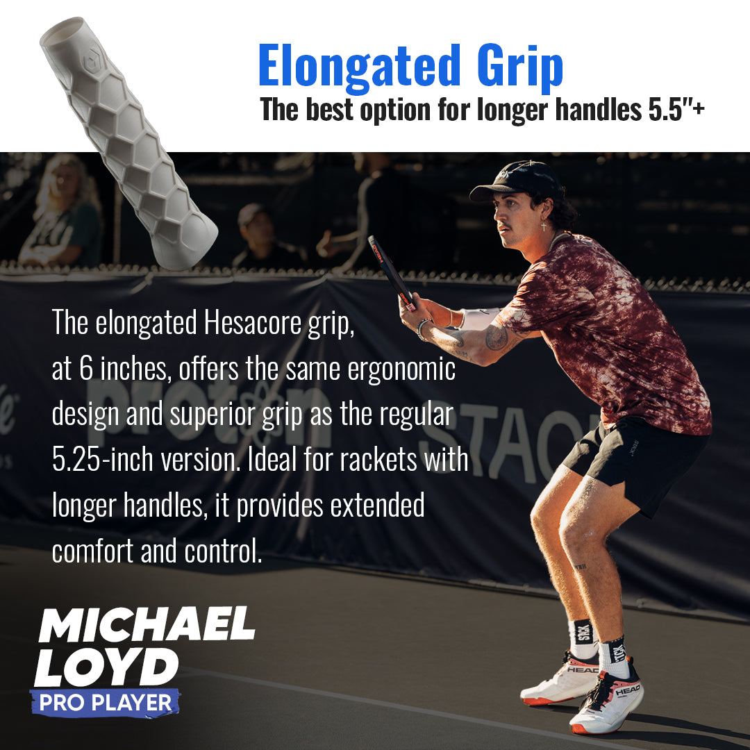 A male pickleball player in a red tie-dye shirt and black cap prepares to serve, with text promoting the Hesacore Grip Pickleball Elongated Grip—6 inches long, regular feel, in white—designed for comfort and control on longer handles.