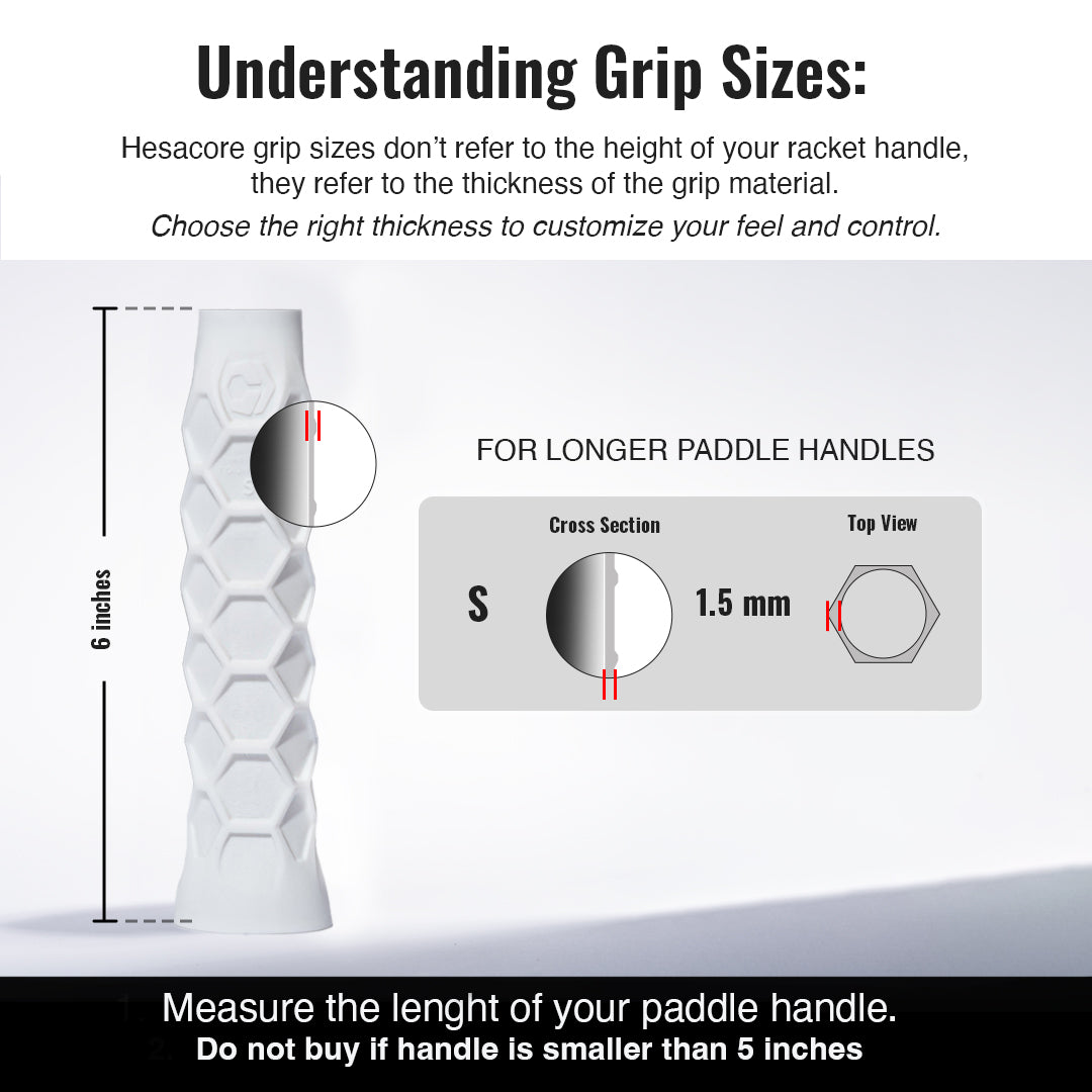 The Hesacore Grip Pickleball Elongated Grip in white features a hexagonal, ergonomic design (1.5mm thick), measures 6 inches long, and fits most paddles; ensure your handle is at least 5 inches before purchasing.