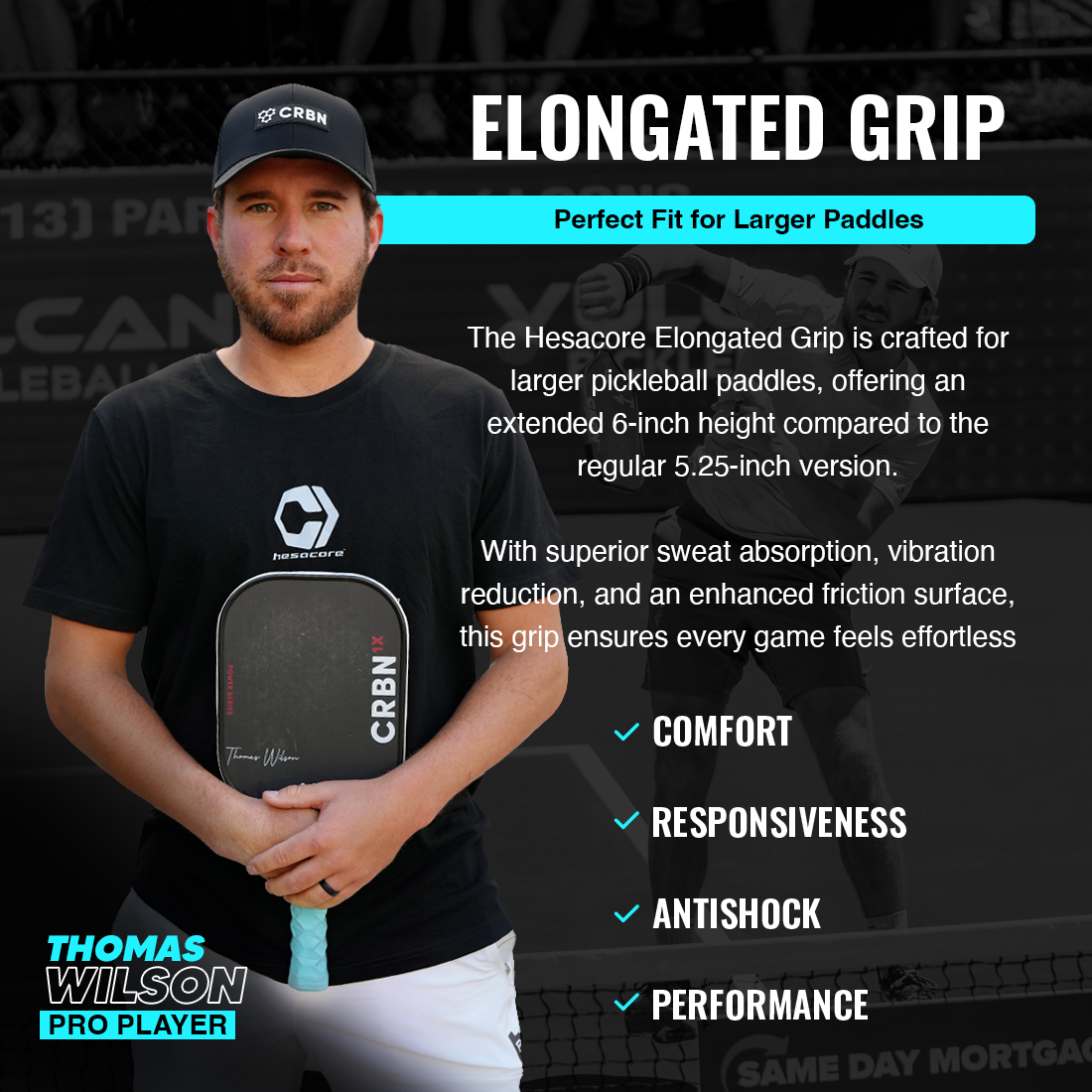 A male pickleball player in a black cap and t-shirt holds a signed paddle. Text highlights the Hesacore Grip Pickleball Elongated Grip—6 inches long, regular feel, white—for ergonomic comfort, responsiveness, and antishock. Thomas Wilson Pro Player is shown.