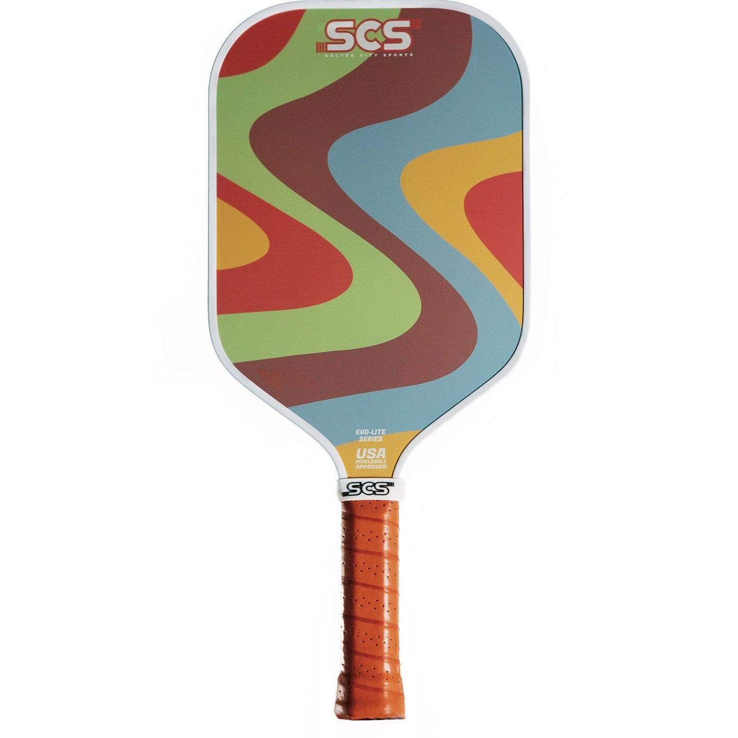 The Evo-Lite Series Complete Deck Collection by Salted City Sports features a lightweight pickleball paddle with a light blue, textured fiberglass surface, colorful wavy patterns, orange grip tape handle, and SCS logo. USA Pickleball approved.