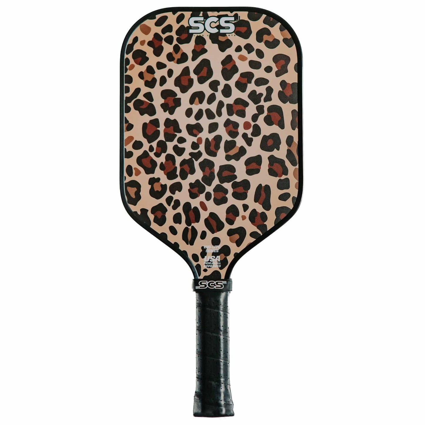 The Salted City Sports Evo-Lite Series Complete Deck Collection features a USA Pickleball approved paddle with a black handle, flat textured fiberglass face in tan and brown leopard print, and SCS branding in white at the top and bottom.