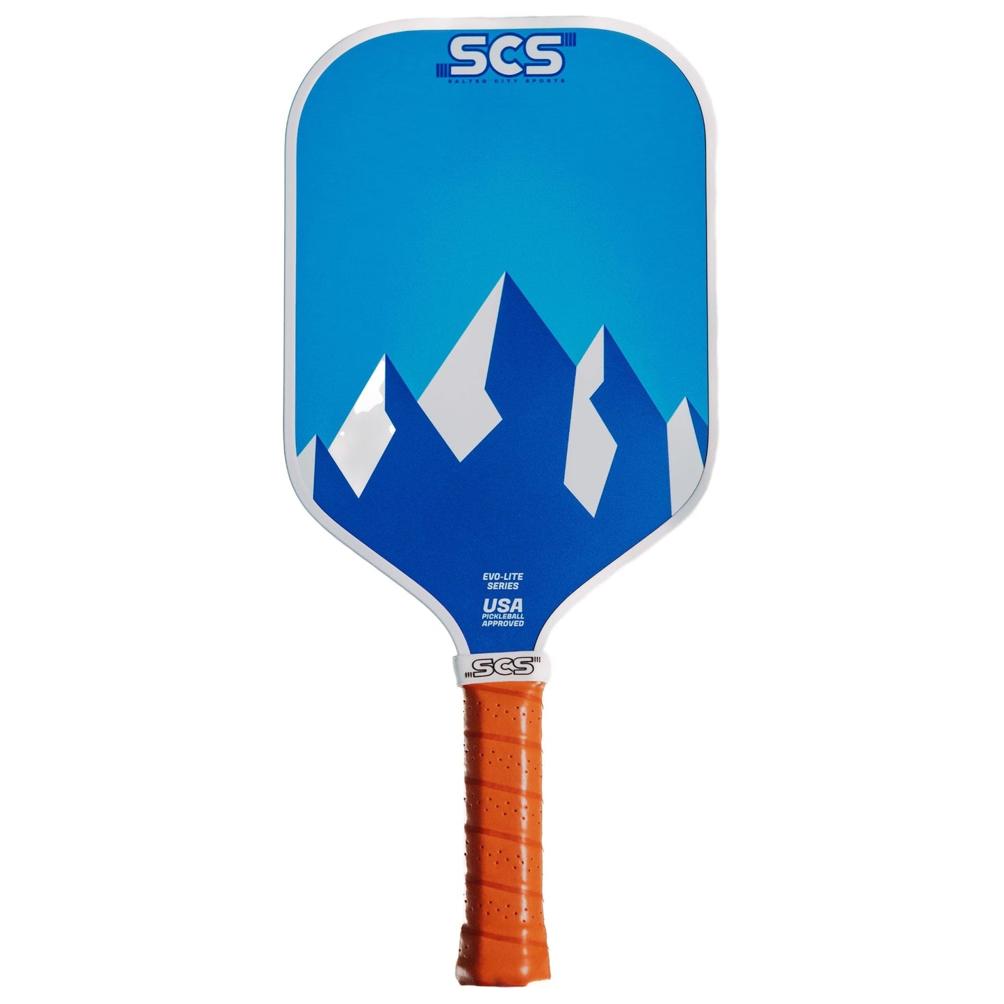 The Evo-Lite Series Complete Deck Collection by Salted City Sports features a blue, USA Pickleball approved paddle with a white border, geometric mountain design in white and dark blue, textured fiberglass surface, orange grip tape, and SCS branding.