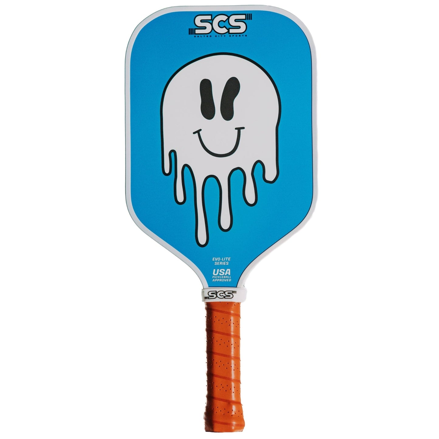 The Evo-Lite Series Complete Deck Collection by Salted City Sports is a premium lightweight blue pickleball paddle with an orange grip, large white melting smiley face, textured fiberglass surface, and USA Pickleball approval.
