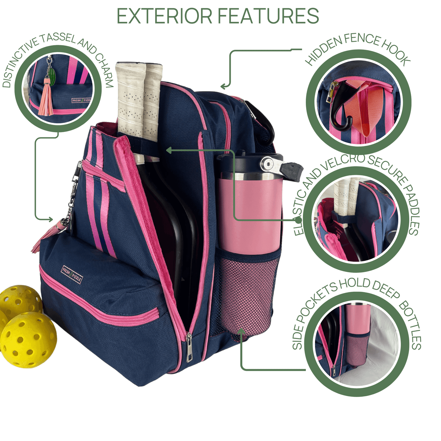 The Fresh Pickle Teddi Pickleball Backpack in navy blue and pink has a roomy interior for two paddles, yellow balls beside it, tassel charm, hidden hook, elastic/Velcro paddle straps, deep bottle pockets, and mesh pocket with pink water bottle.