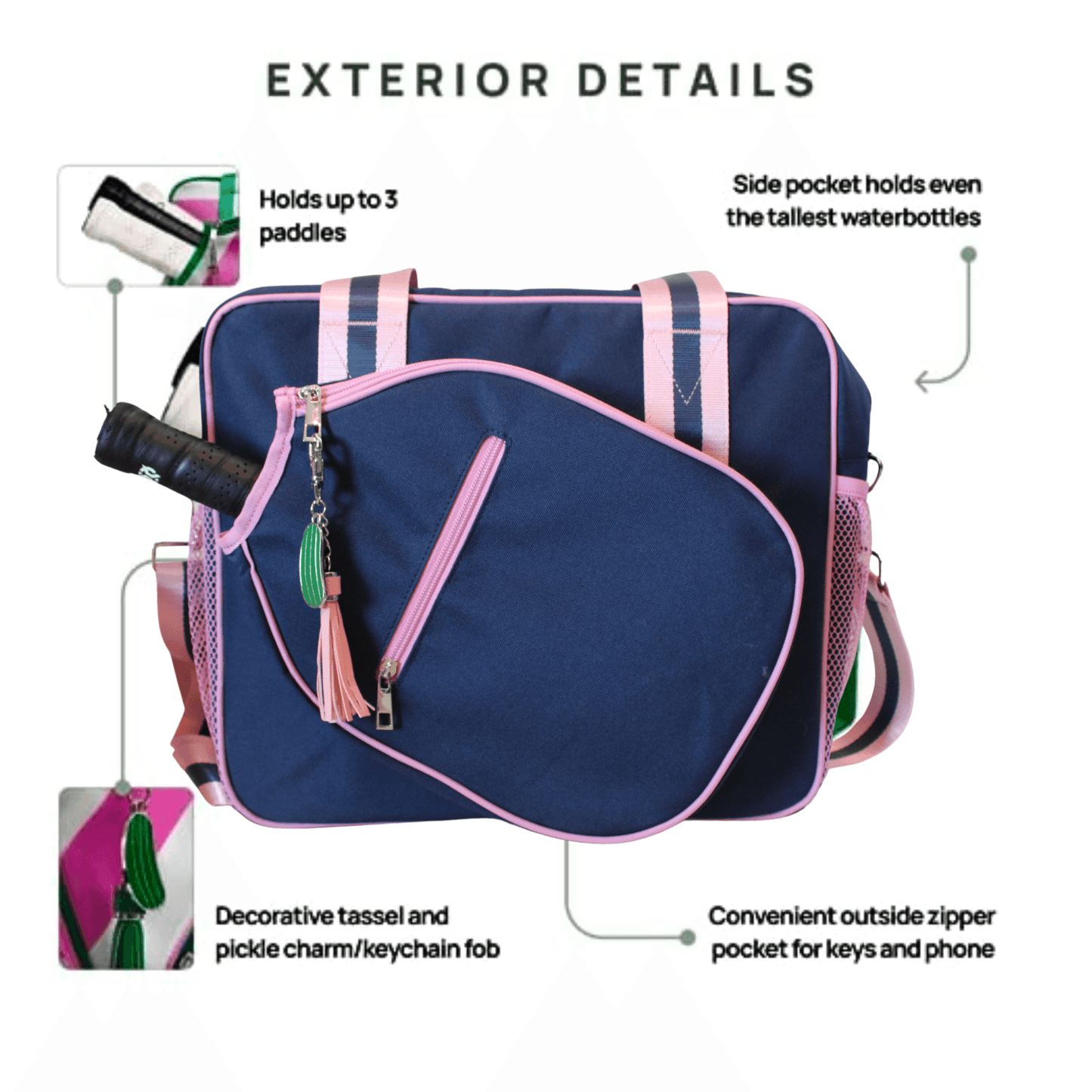 The Fresh Pickle Lola Pickleball Tote Bag is shown upright in navy blue with pink straps and trim, featuring space for 3 paddles, a tall side pocket for a water bottle, front zipper pocket for keys/phone, and a green tassel keychain.