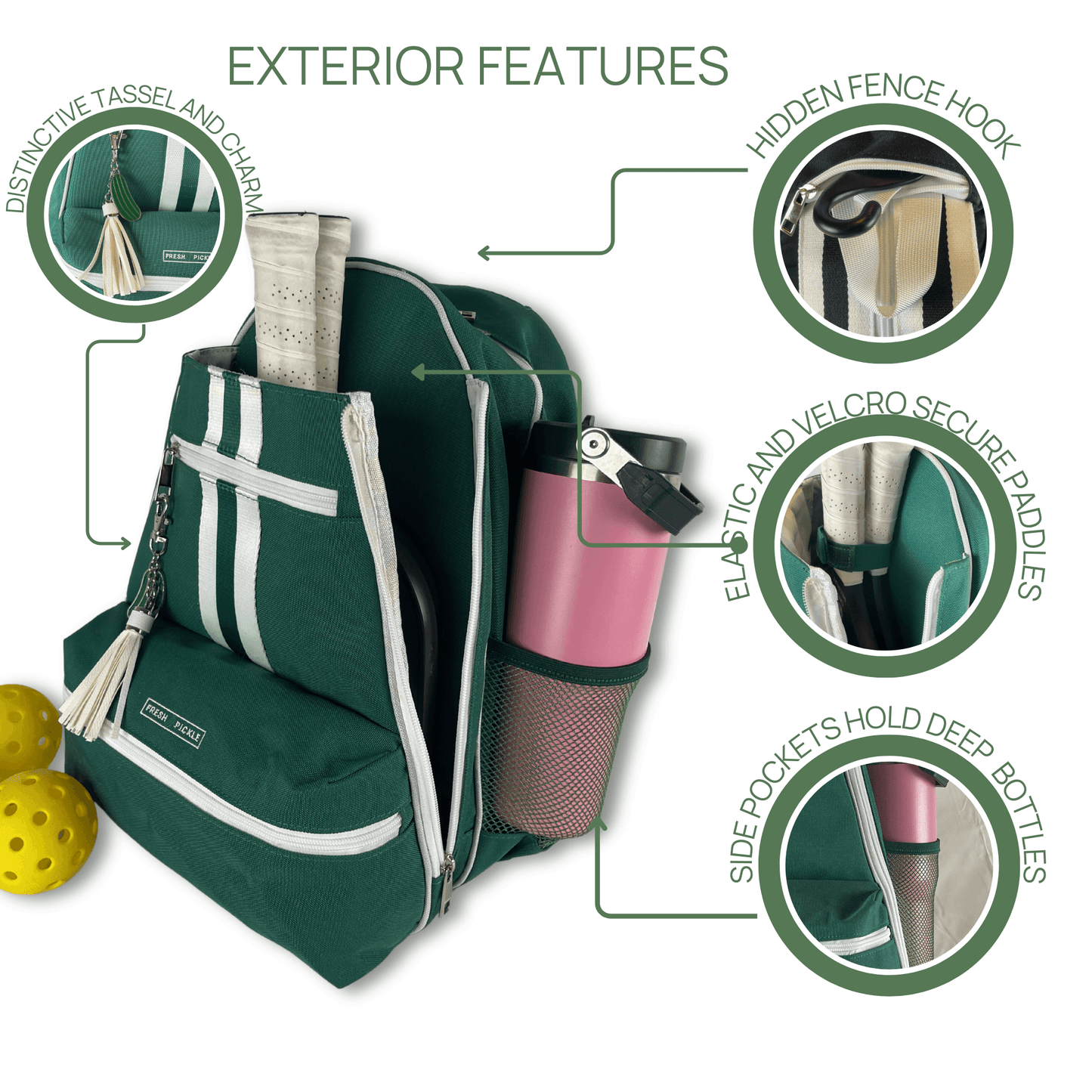 The Fresh Pickle Teddi Pickleball Backpack, shown in green and white stripes, features a tassel keychain, hidden fence hook, elastic and Velcro paddle holders, mesh side pocket with a pink water bottle, and an open pocket holding two yellow balls.