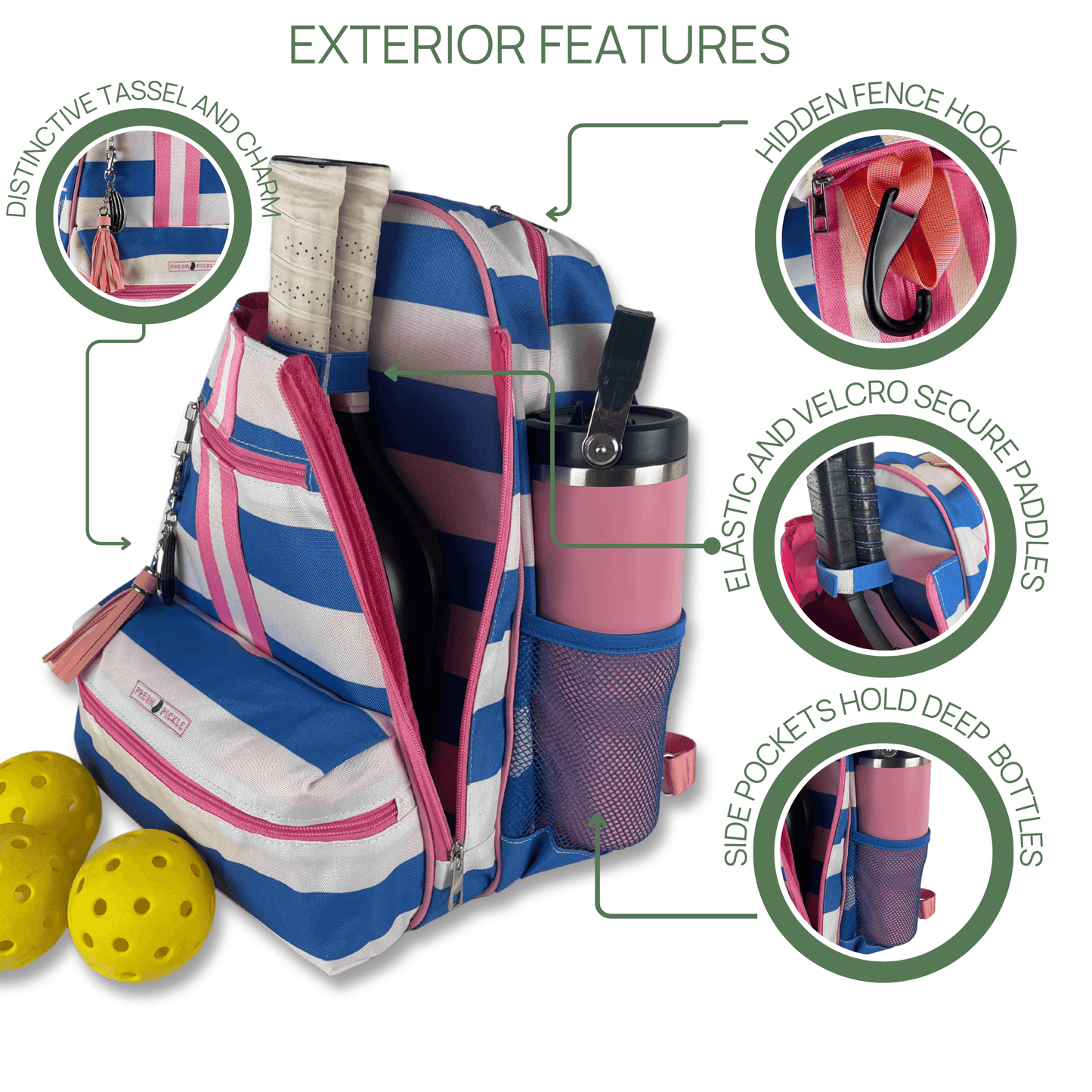 The Fresh Pickle Teddi Pickleball Backpack features pink, blue, and white stripes. Callouts show its tassel and charm, hidden fence hook, elastic and Velcro paddle holder, and deep side bottle pockets.
