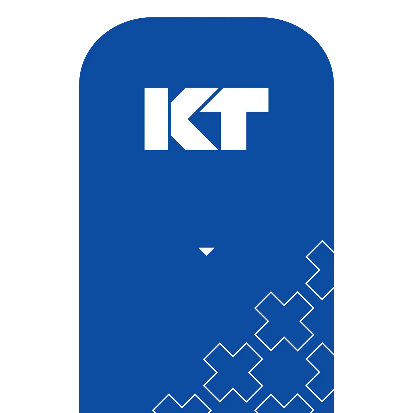 A blue rounded rectangle with bold white "KT" at the top references KT Tape Pro Extreme® by KT Tape for pain relief, featuring a small downward white triangle and overlapping X outlines in the lower right on a light gray background.