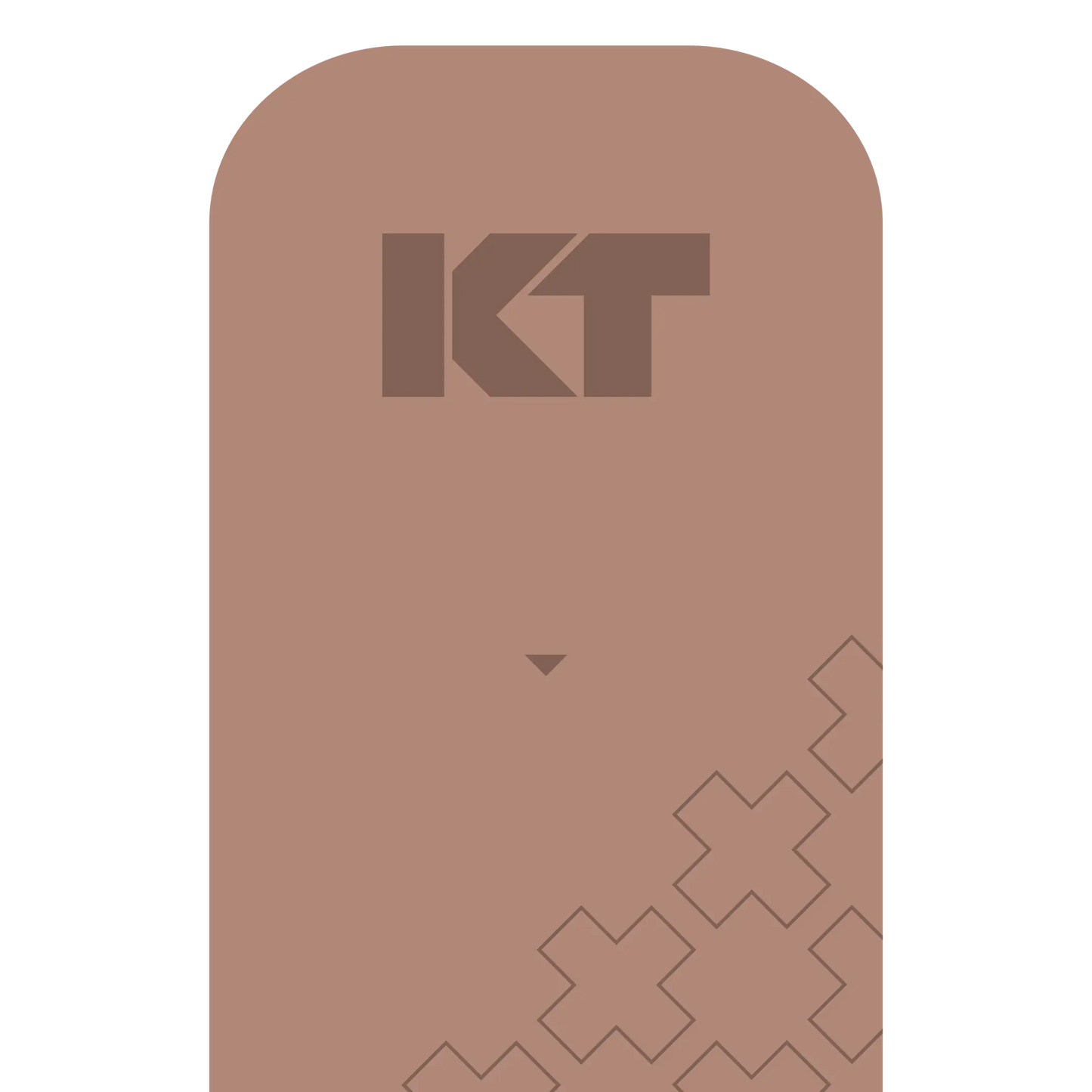 A rounded, rectangular brown sign displays the bold “KT” at the top for KT Tape Pro Extreme® by KT Tape, known for its extra-strength adhesive. A small downward arrow and outlined X shapes form a subtle geometric pattern in the lower right.