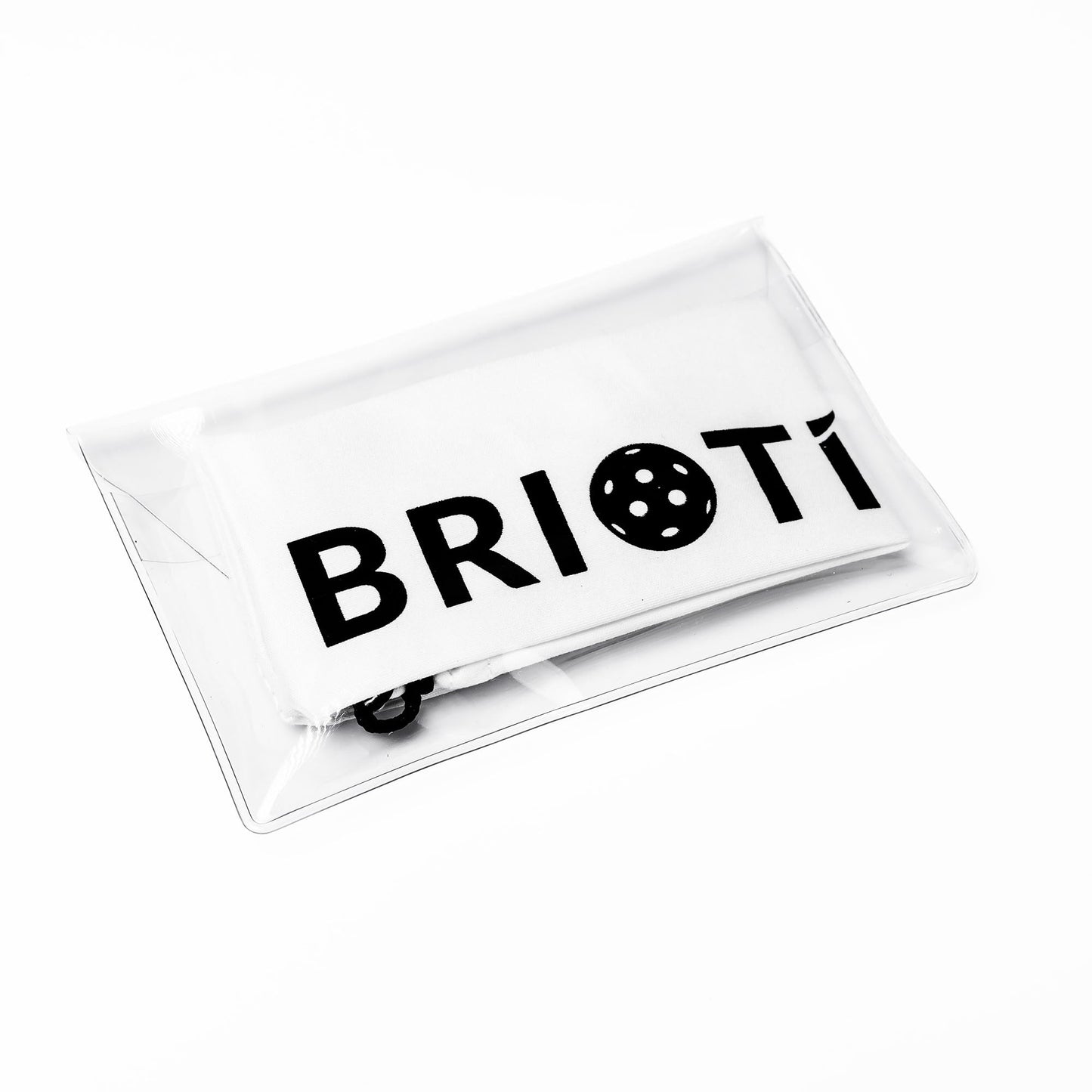 The BRIOTI Eyewear Pouch features a white mask with bold black BRIOTI text—the "O" as a pickleball graphic—packaged in a clear sleeve and paired with a lens cleaning pouch, ideal for FOCOS eyewear.
