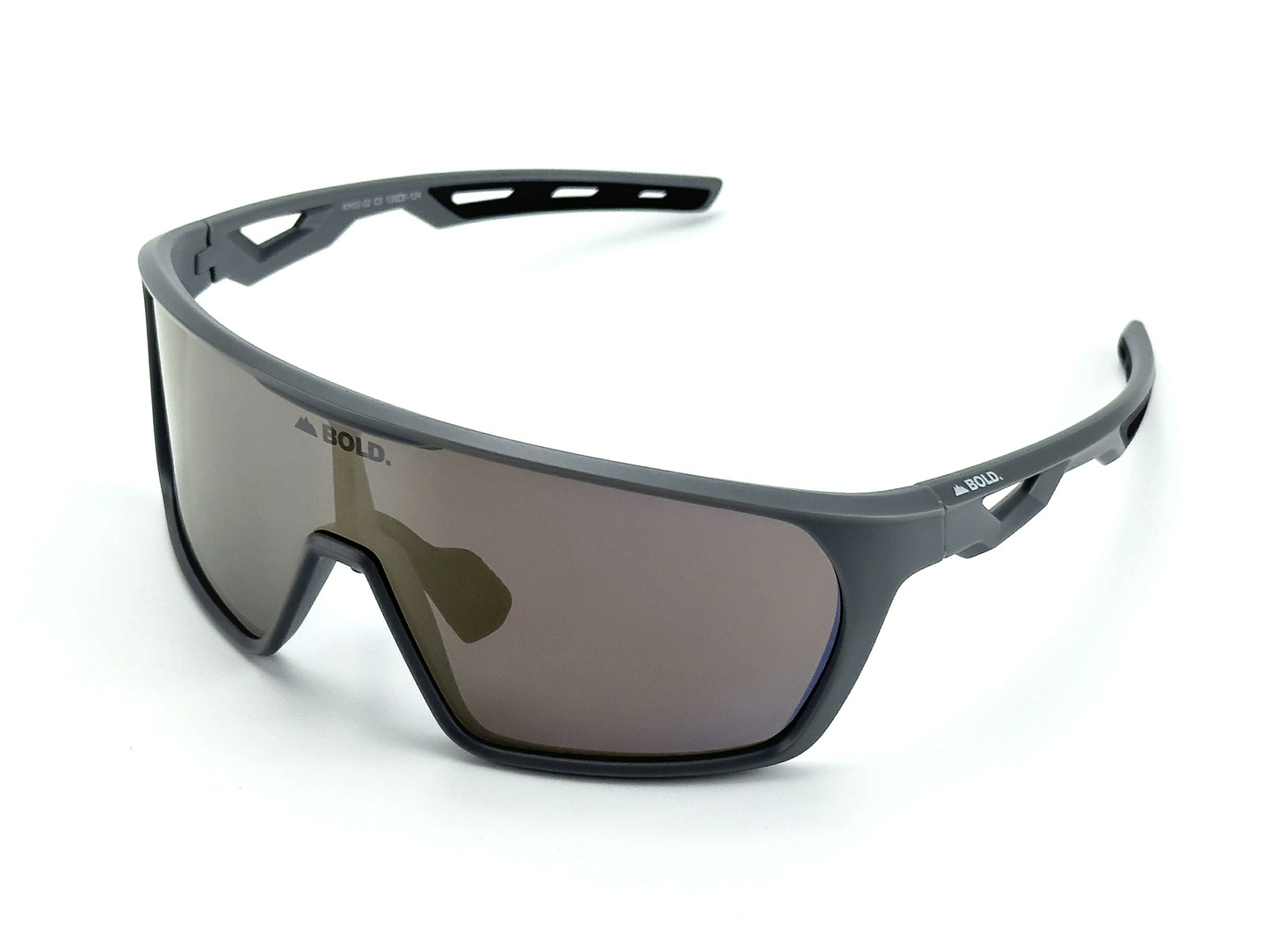BOLD Senders Kids Sunglasses by boldouterwear feature a matte black wraparound frame, dark rectangular lenses, cut-out arm details, UV400 protection, and BOLD. branding on the left lens and right temple—perfect for MTB, ski & lifestyle activities.
