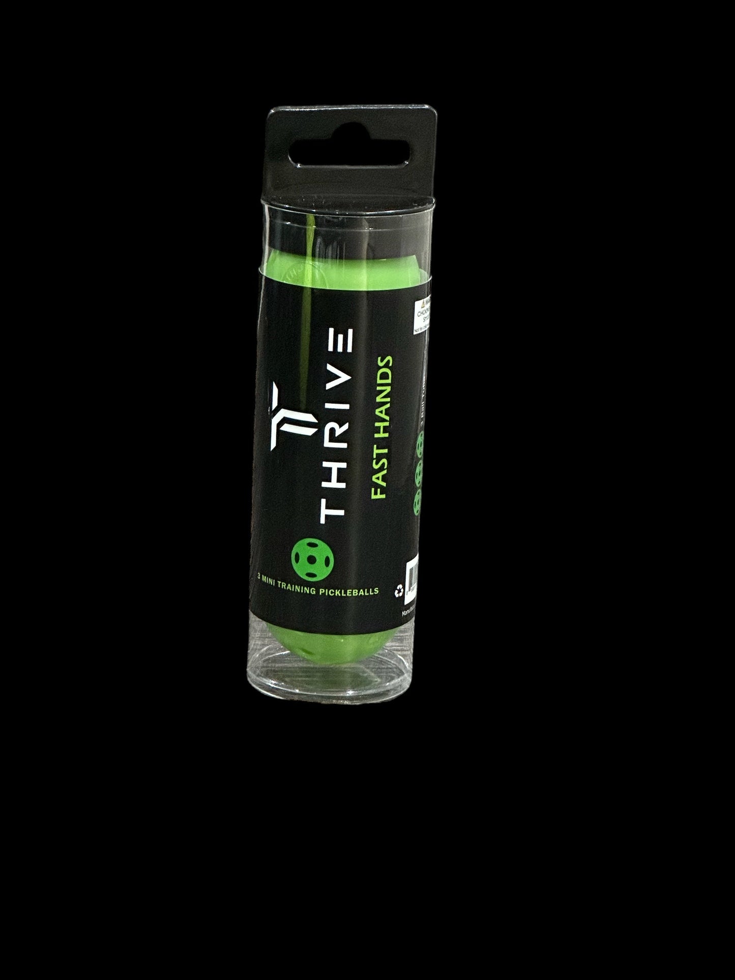 A clear plastic tube labeled “Fast Hands” from Thrive Pickleball holds three green pickleballs. It features a bold black and green Thrive Pickleball logo, a black lid with handle, and is set against a solid black background.