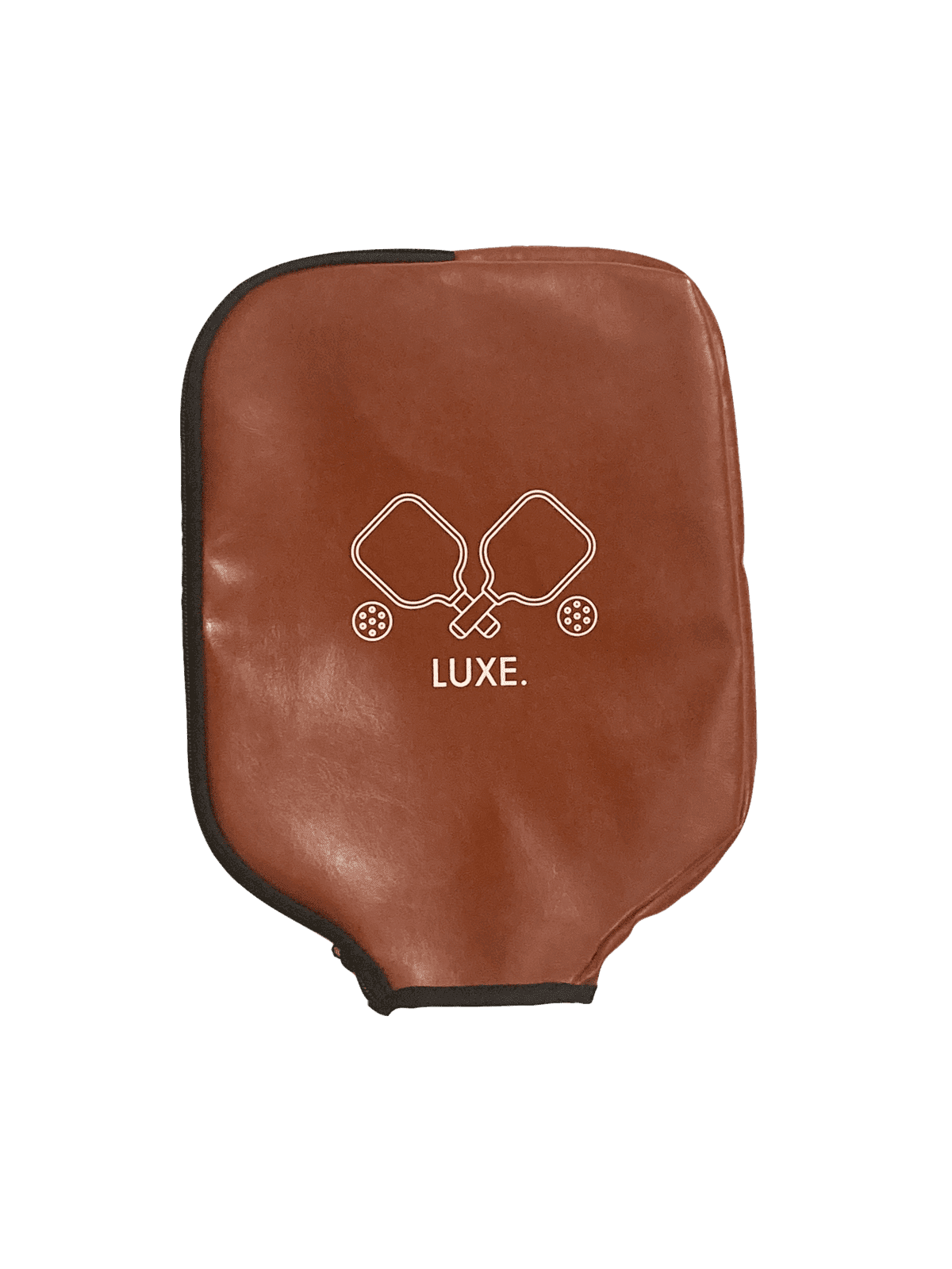 A brown, rectangular faux leather paddle case by LUXE Pickleball features rounded edges, black trim, and a white line drawing of two intersecting paddles above "LUXE" on the front. The background is plain white.