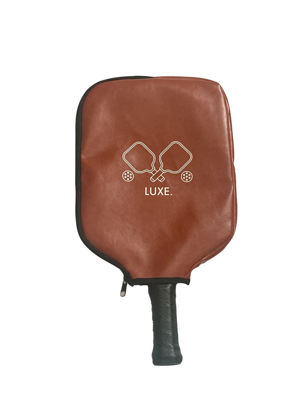 A Faux Leather Paddle case by LUXE Pickleball in brown with a black handle.
