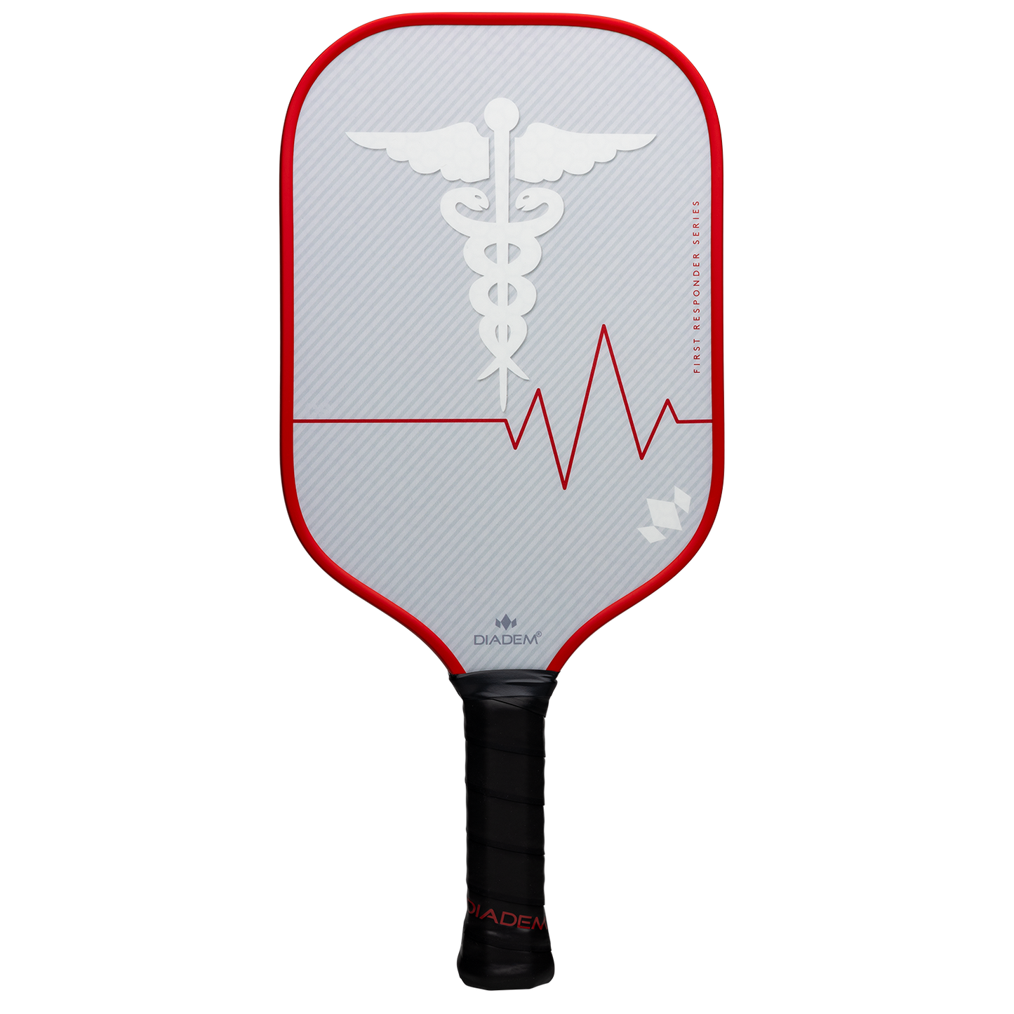 The Diadem Sports First Responder Series V2 - Rush paddle features a white face with a red border, medical caduceus, red ECG line, black textured grip handle, and Diadem logo. A portion supports the Tunnel to Towers Foundation.