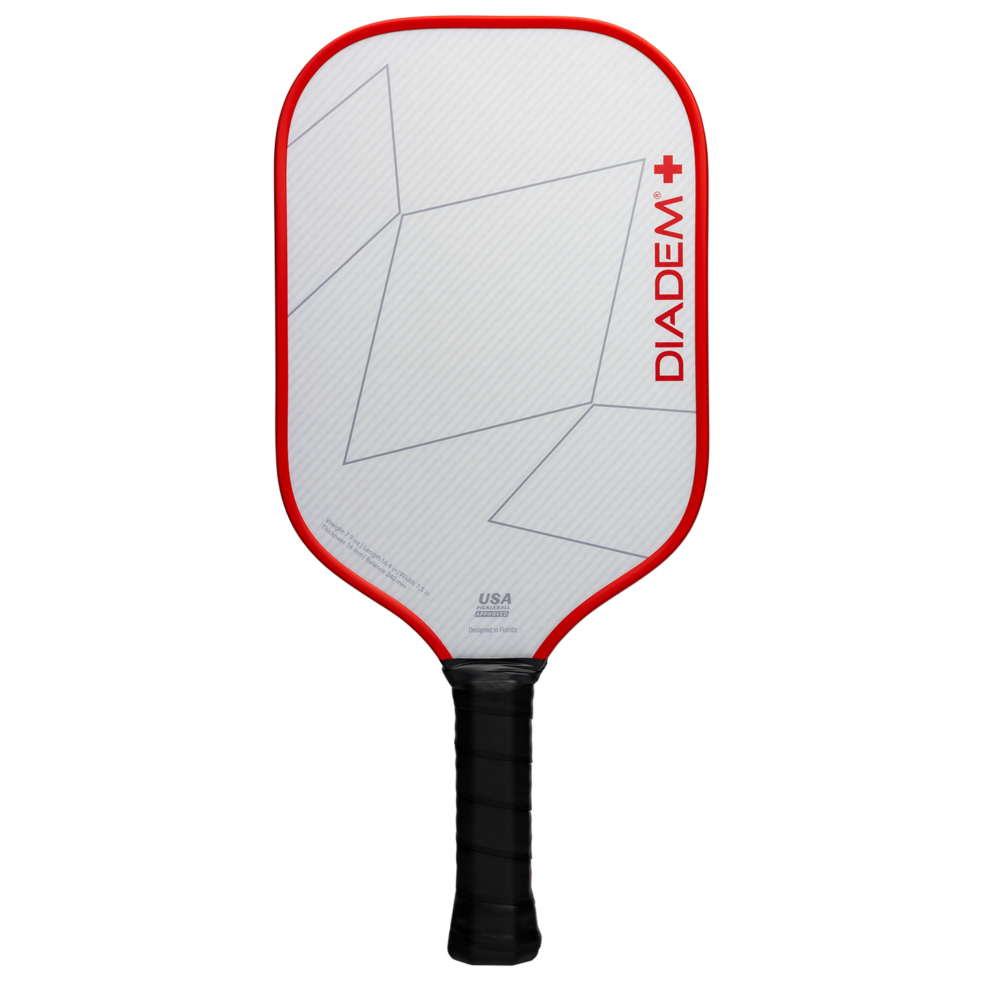 The Diadem Sports First Responder Series V2 - Rush paddle features a white face with subtle diagonal lines, abstract shapes, a red-edged outline, bold red DIADEM lettering, and a black grip-taped handle.