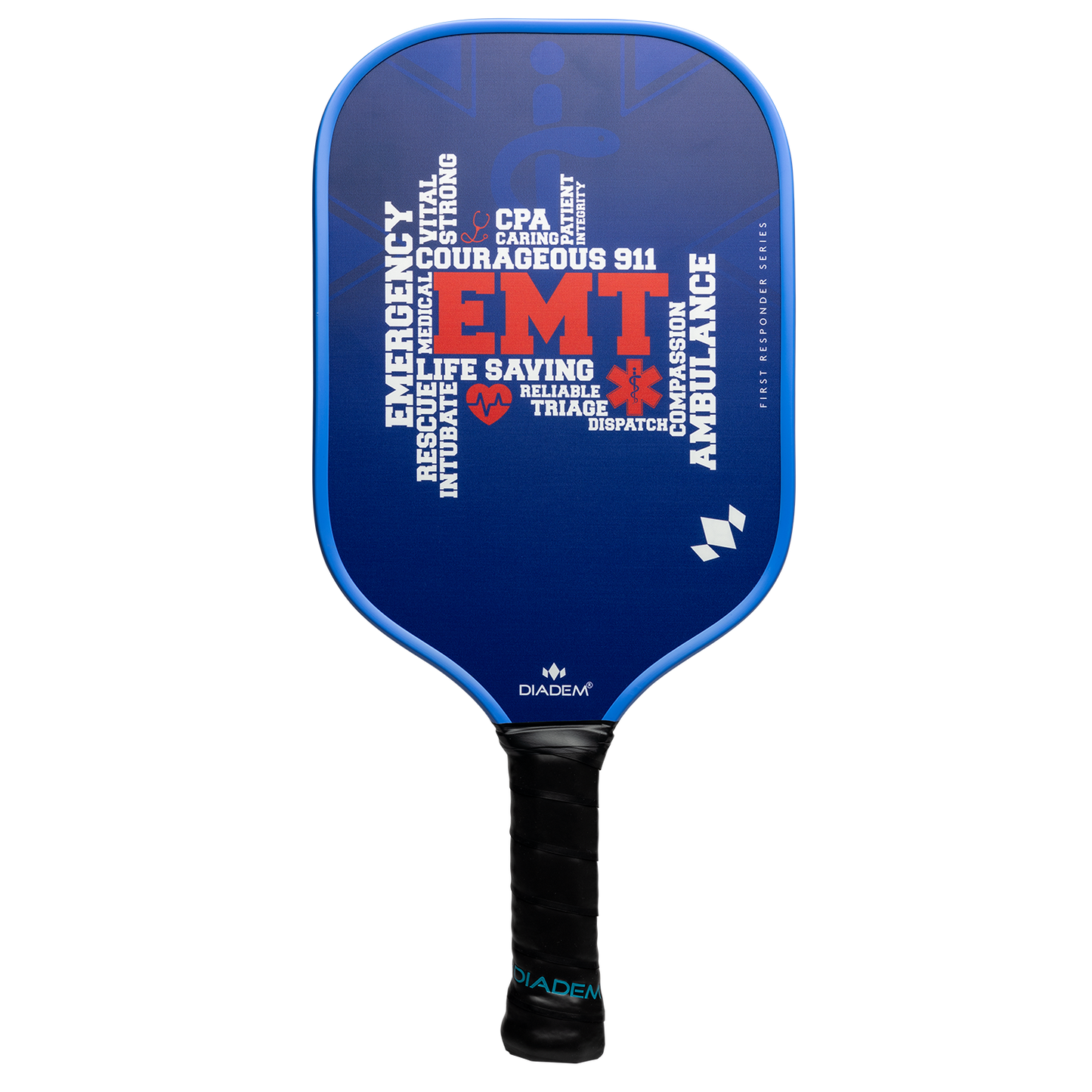 The Diadem Sports First Responder Series V2 - Rush paddle is blue with “EMT” in bold red, surrounded by white words like “emergency” and “life saving.” The handle features the Diadem logo supporting the Tunnel to Towers Foundation.