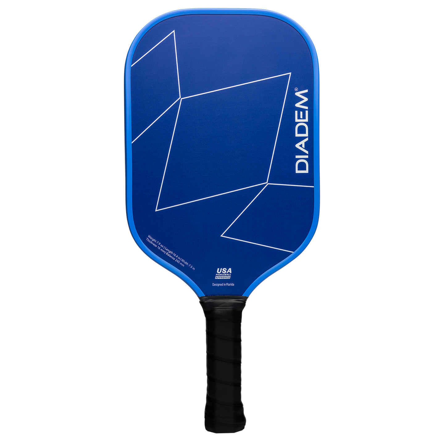 The Diadem Sports First Responder Series V2 - Rush is a blue pickleball paddle with white geometric lines, “DIADEM” printed vertically, and a black textured grip, inspired by first responder paddles.