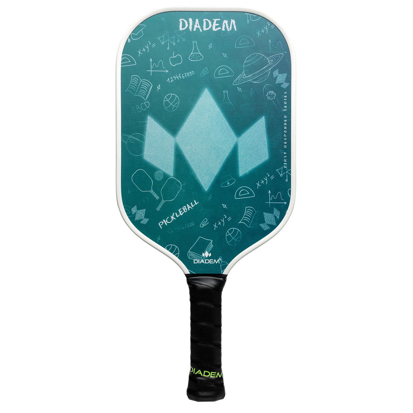 The Diadem Sports First Responder Series V2 - Rush pickleball paddle features a green design with a large diamond logo, white "DIADEM" branding, and sports/science doodles. This unique paddle supports the Tunnel to Towers Foundation.