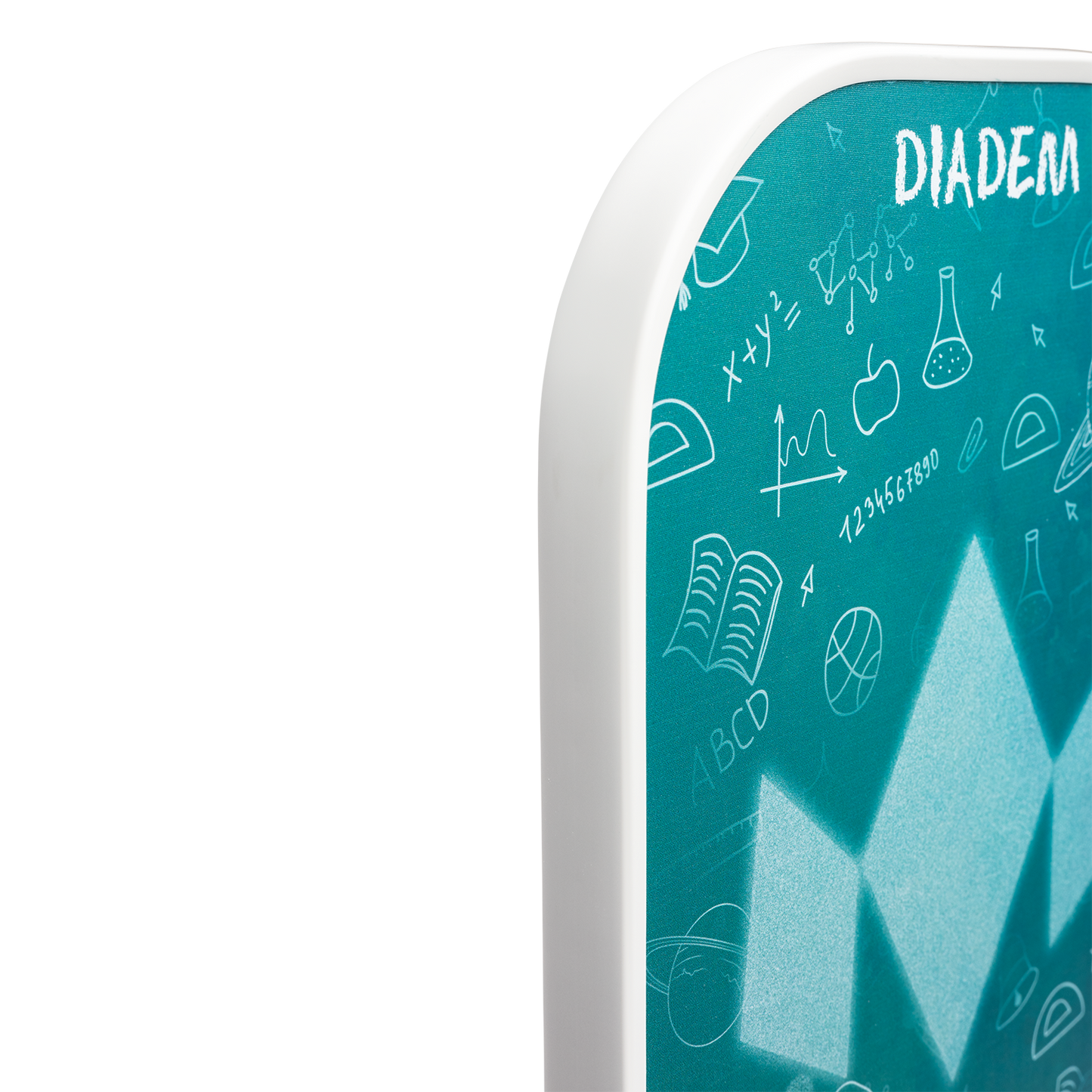 Partial view of the white-framed teal First Responder Series V2 - Rush board by Diadem Sports, with educational doodles and "DIADEM" at the top right. Only the board’s right side and first responder paddles are visible against a white background.