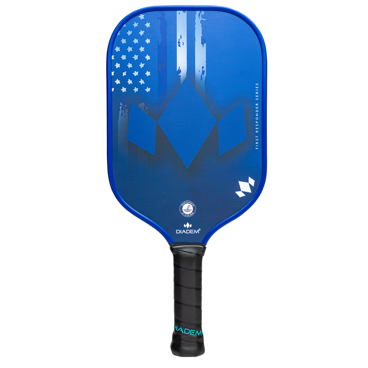 The First Responder Series V2 - Warrior Edge by Diadem Sports is a blue pickleball paddle with a large diamond-shaped logo, faded flag-inspired stars and stripes, patriotic design honoring heroes, and a black grip with blue accents.