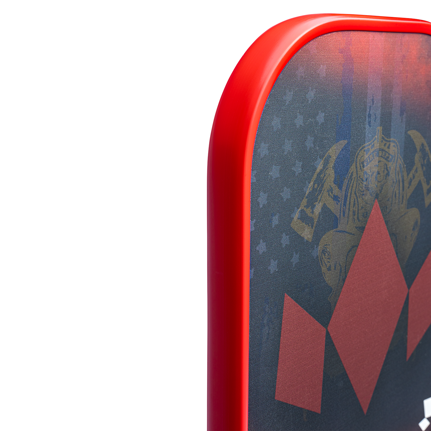 Close-up of the Diadem Sports First Responder Series V2 - Warrior Edge pickleball paddle featuring rounded red edges, a faded American flag design, red diamond accents, and a gold emblem with helmet and crossed axes on a light gray background.