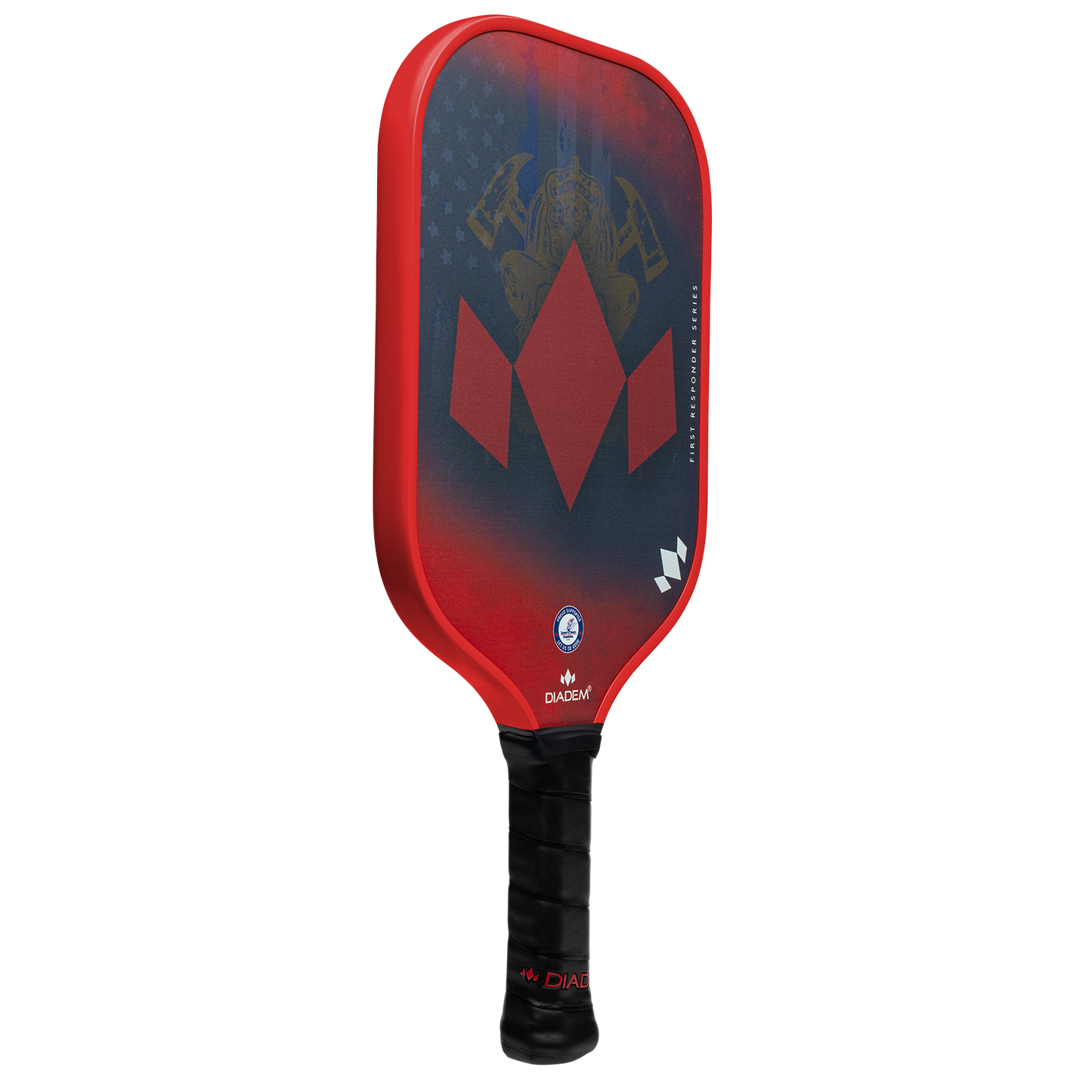 The Diadem Sports First Responder Series V2 - Warrior Edge is a red and black pickleball paddle with a textured face, gold eagle emblem above red diamond shapes, grip tape handle, and Tunnel to Towers Foundation branding near the base and on the face.