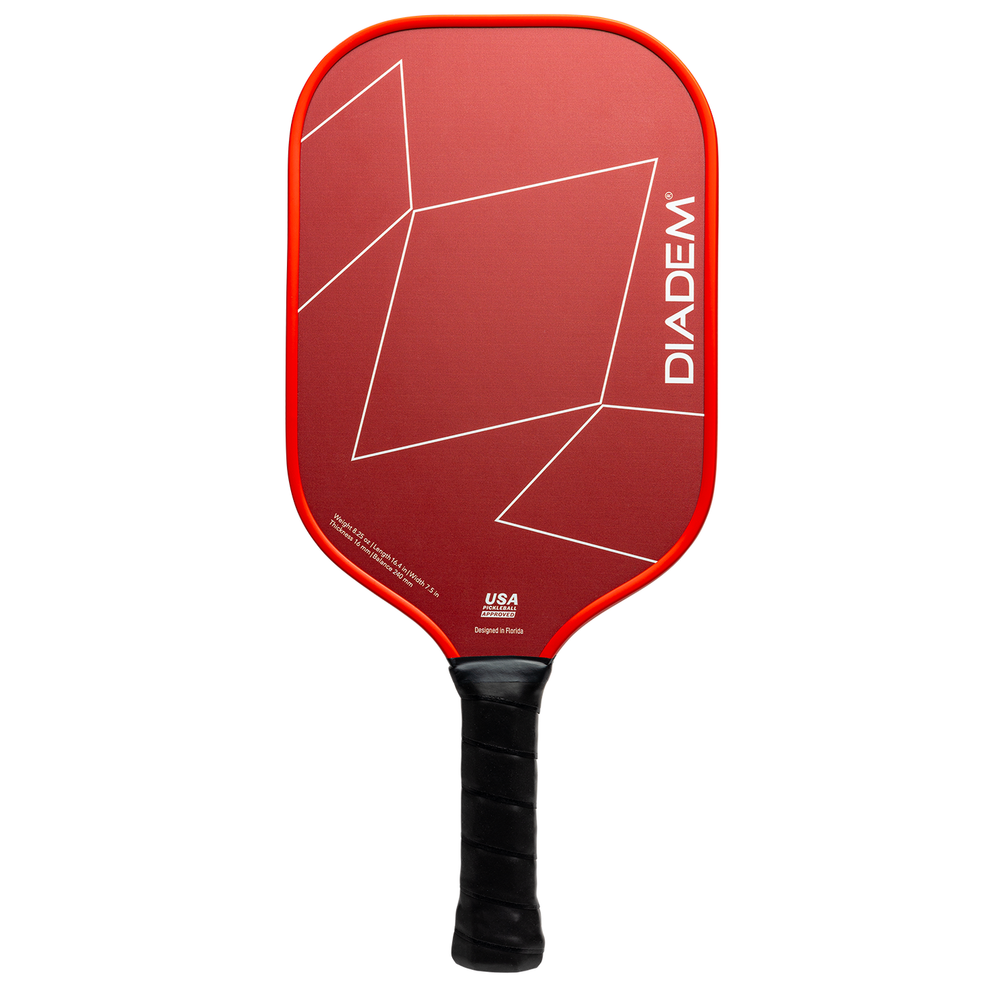 The First Responder Series V2 - Warrior Edge by Diadem Sports is a red pickleball paddle with white geometric line designs, a black grip, thin red edge, and "DIADEM" printed vertically in white on the top right.