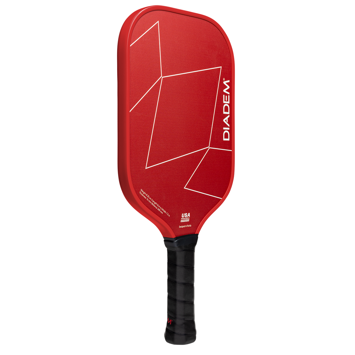 The First Responder Series V2 - Warrior Edge by Diadem Sports is a red pickleball paddle with angular white lines, DIADEM branding, a black grip, and a modern rectangular shape that supports the Tunnel to Towers Foundation.