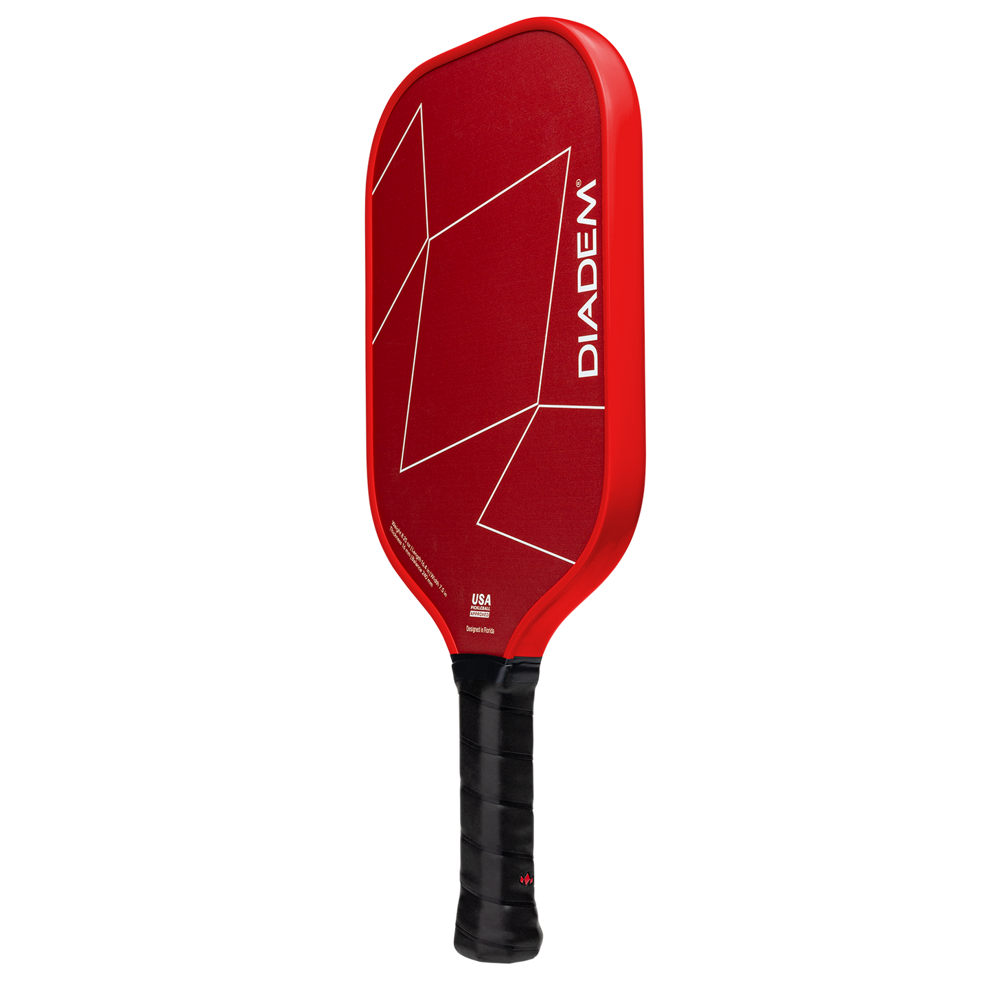 The Diadem Sports First Responder Series V2 - Warrior Edge paddle features a red face with geometric white lines, black grip, and "DIADEM" printed vertically in white, supporting first responder paddles and the Tunnel to Towers Foundation.