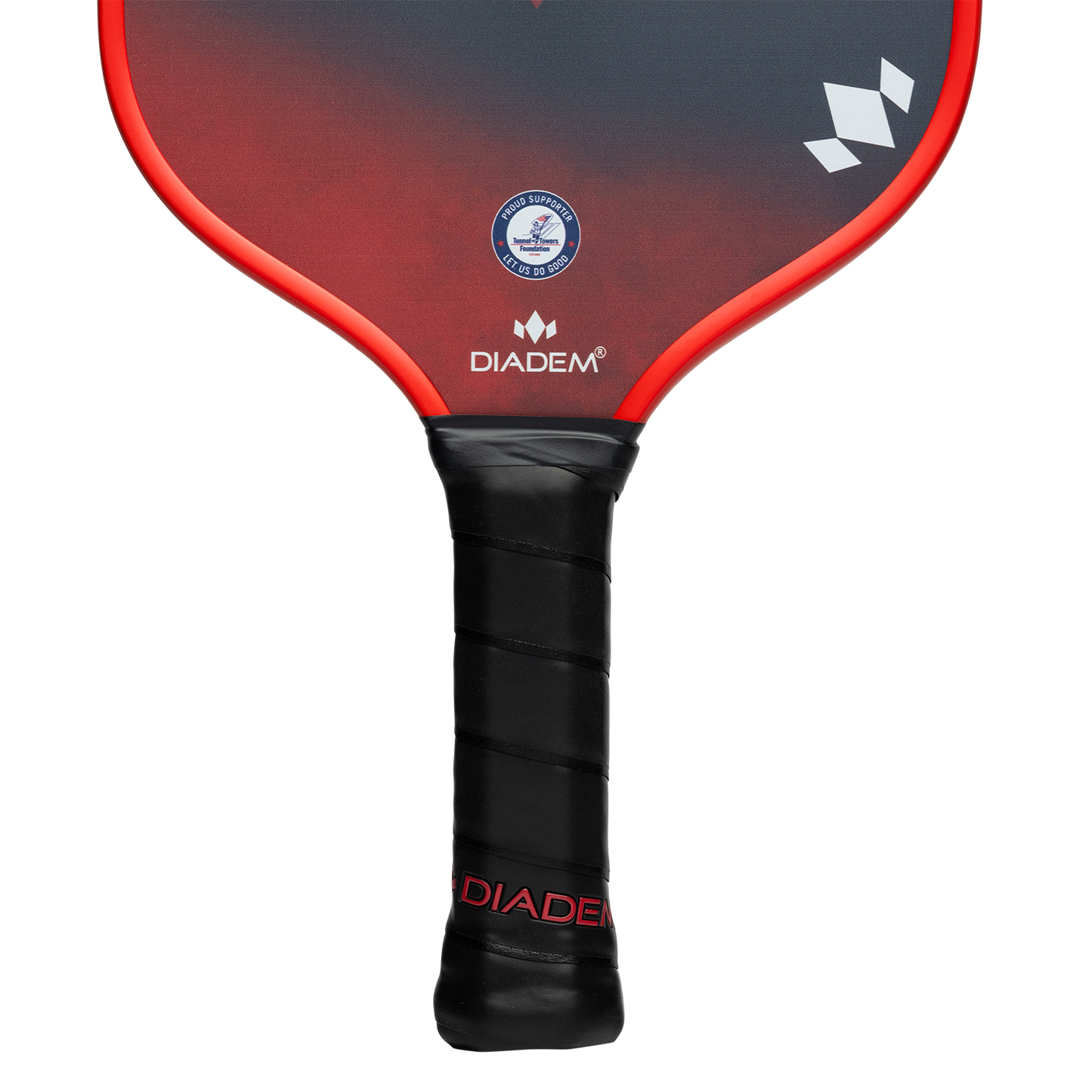 Close-up of the Diadem Sports First Responder Series V2 - Warrior Edge pickleball paddle, featuring a black and red face, certification seal, and “DIADEM” in red on the black grip tape. Background is plain white.