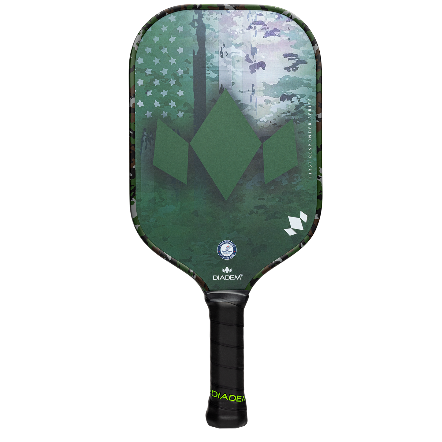 The Diadem Sports First Responder Series V2 - Warrior Edge is a green pickleball paddle with a large diamond logo, abstract forest design, subtle camo pattern, small Diadem logos, white stars, and a black grip. Tunnel to Towers Foundation edition.