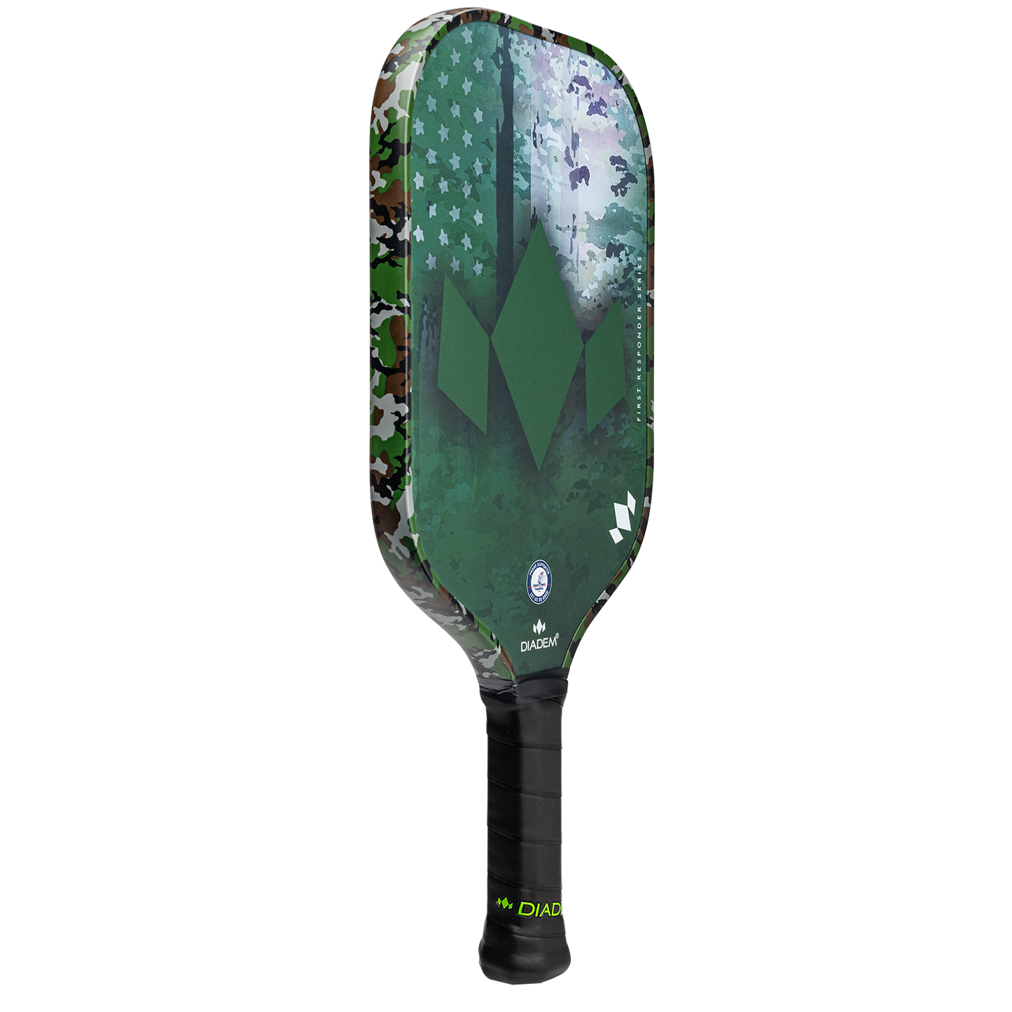 The Diadem Sports First Responder Series V2 - Warrior Edge paddle features a green face with camo edges, a dark handle with neon “Diadem” logo, and an angular crown design in green shades with white stars—ideal for first responder players.