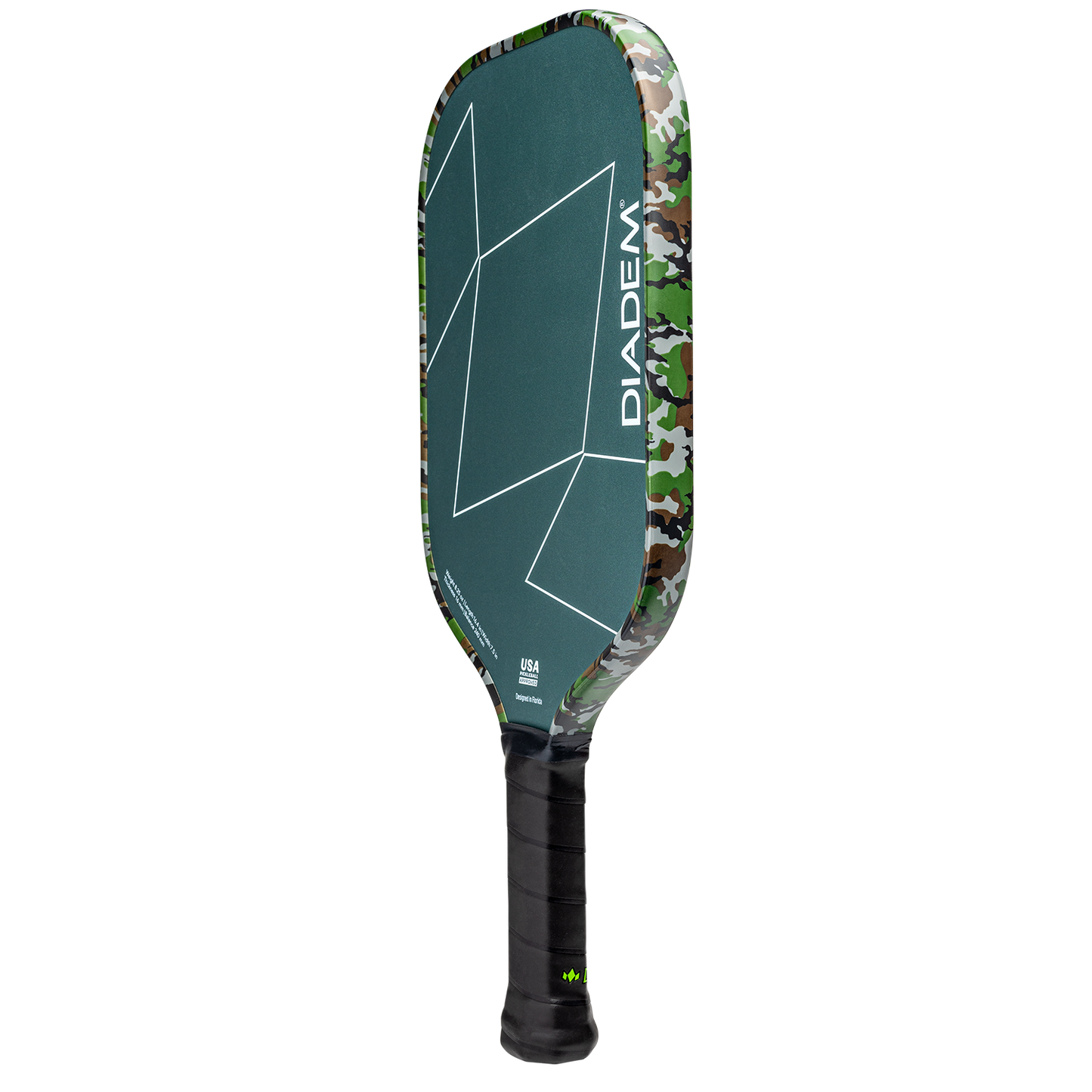 The Diadem Sports First Responder Series V2 - Warrior Edge pickleball paddle features a dark green face with angular white lines, "DIADEM" vertically on the side, and a camo-patterned edge, honoring first responders and supporting Tunnel to Towers Foundation.