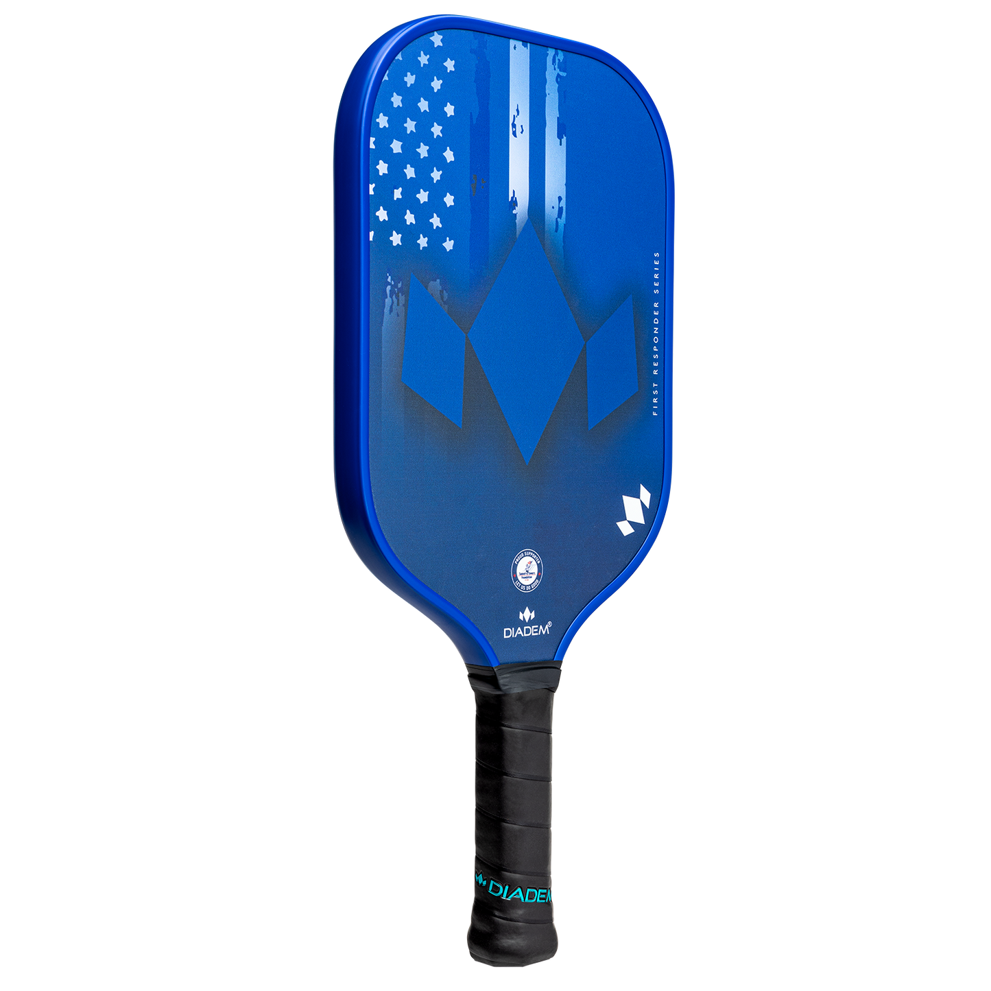 The Diadem Sports First Responder Series V2 - Warrior Edge features a blue paddle with a diagonal pattern of white stars, a large M logo at the center, and a black grip—perfect for first responder pickleball players and Tunnel to Towers Foundation supporters.