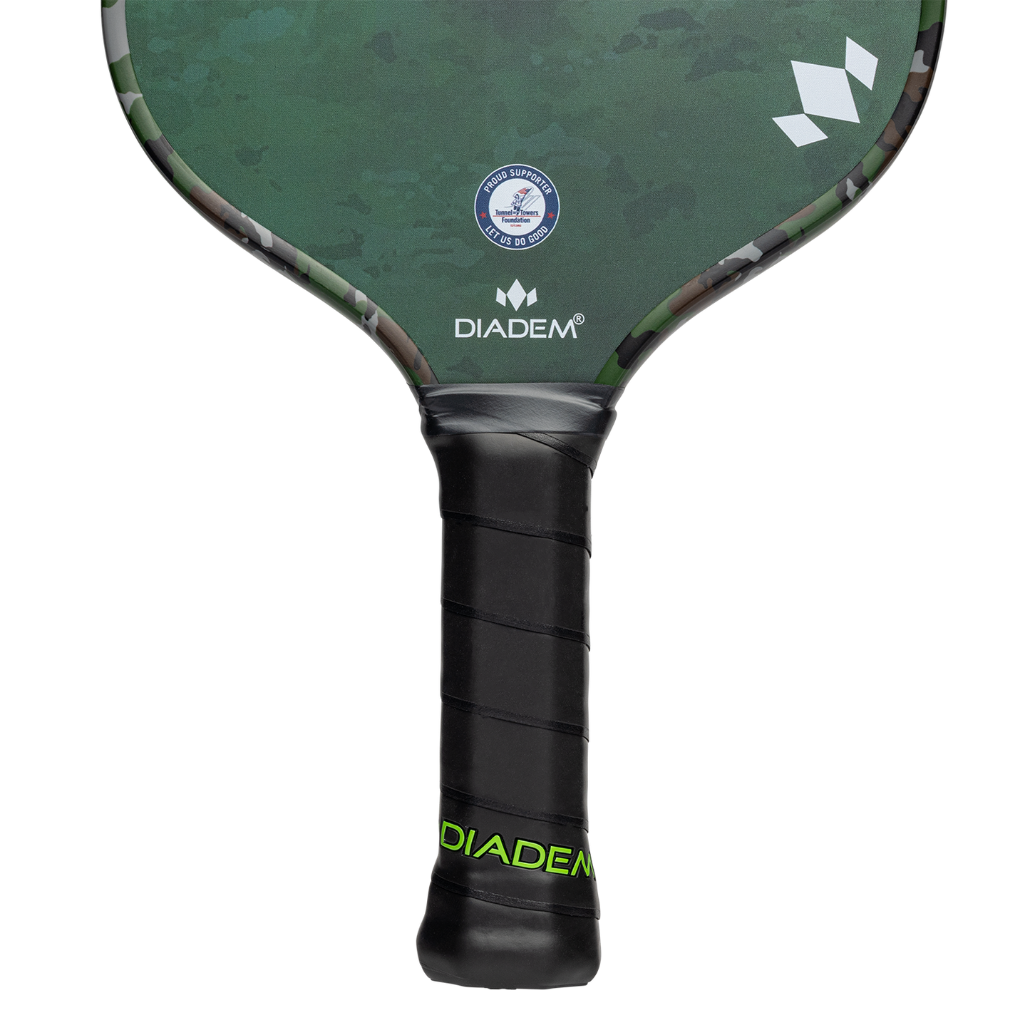 Close-up of the Diadem Sports First Responder Series V2 - Warrior Edge pickleball paddle handle with black grip tape and green branding. The green camo-patterned face displays the USA Pickleball Approved seal and honors the Tunnel to Towers Foundation.
