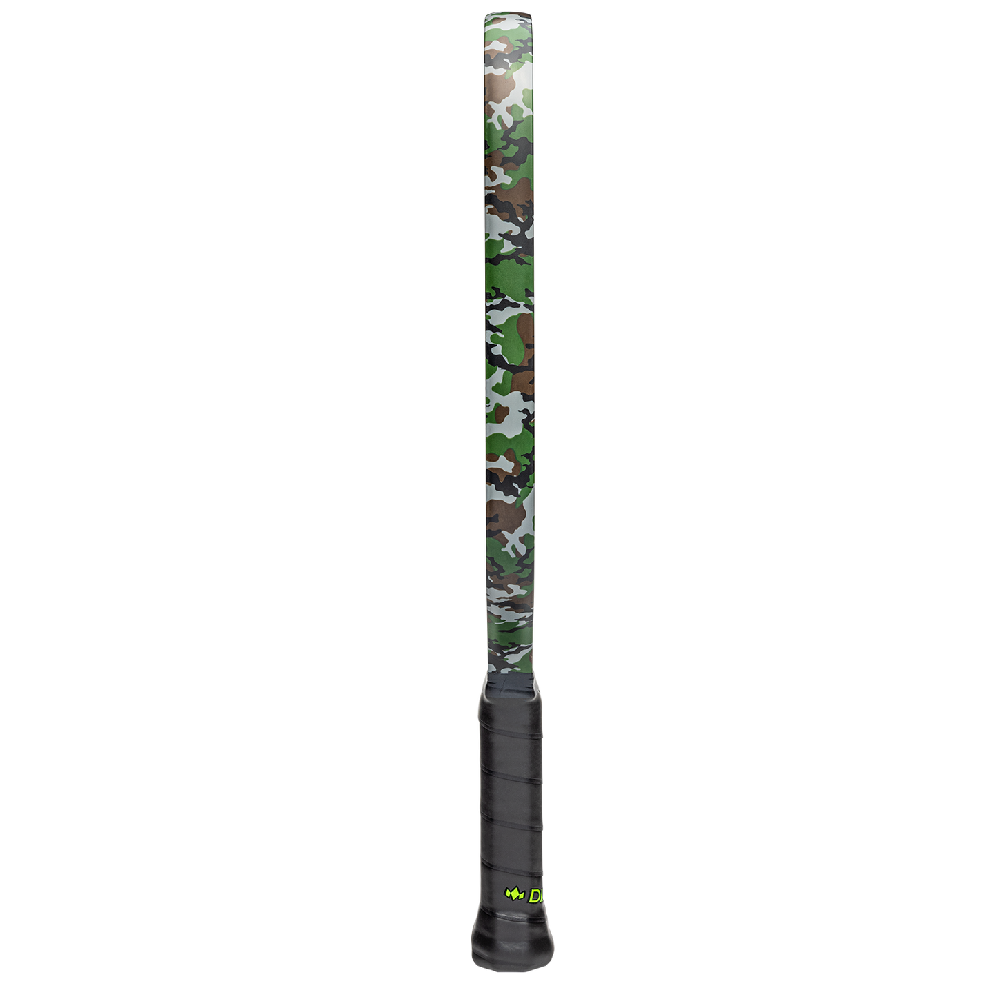 The Diadem Sports First Responder Series V2 - Warrior Edge tennis racket stands vertically with a black textured grip and a green, brown, black, and white camouflage frame inspired by first responder pickleball paddles on a white background.